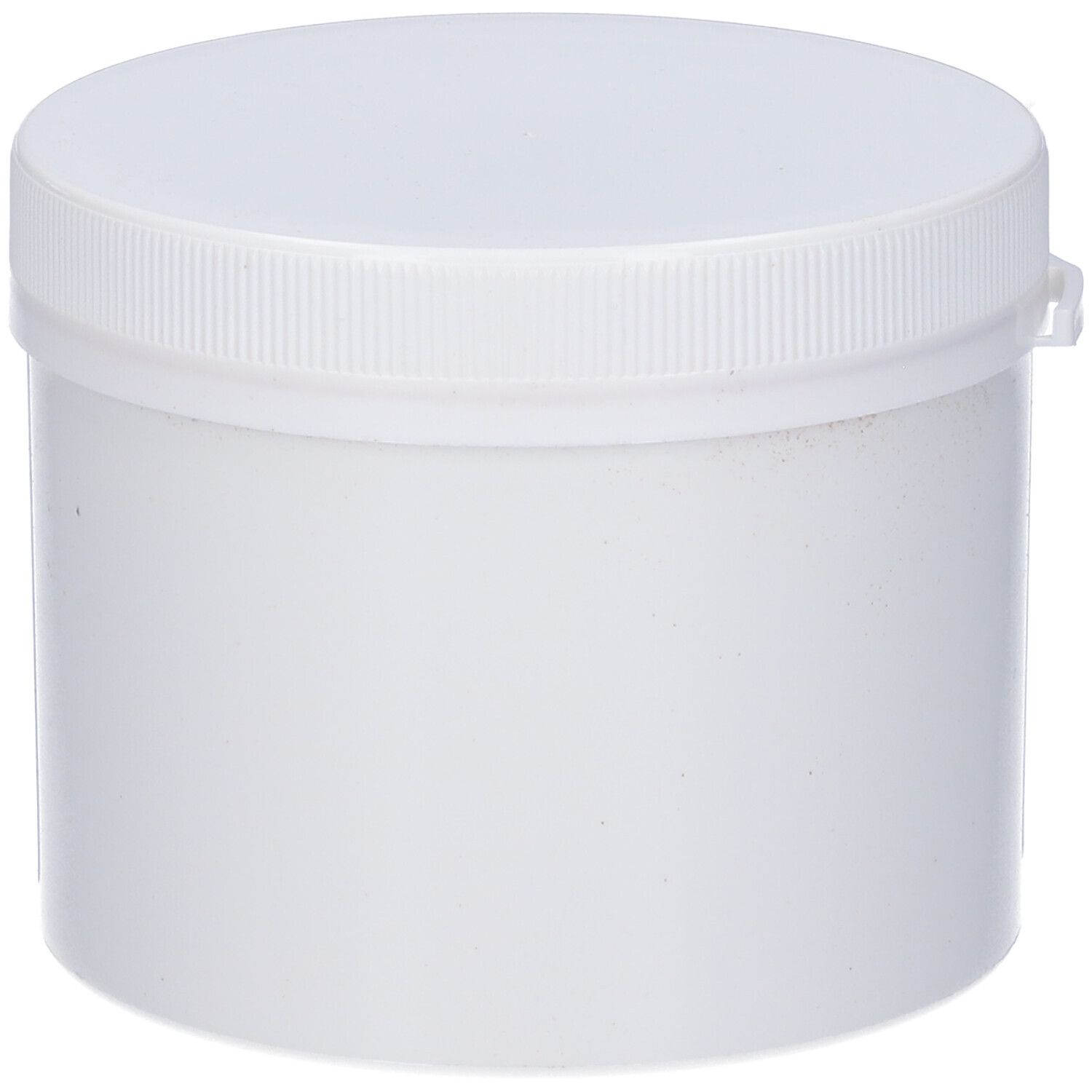 Contenitore cilindrico bianco con coperchio. Superficie liscia. Senza scritte.