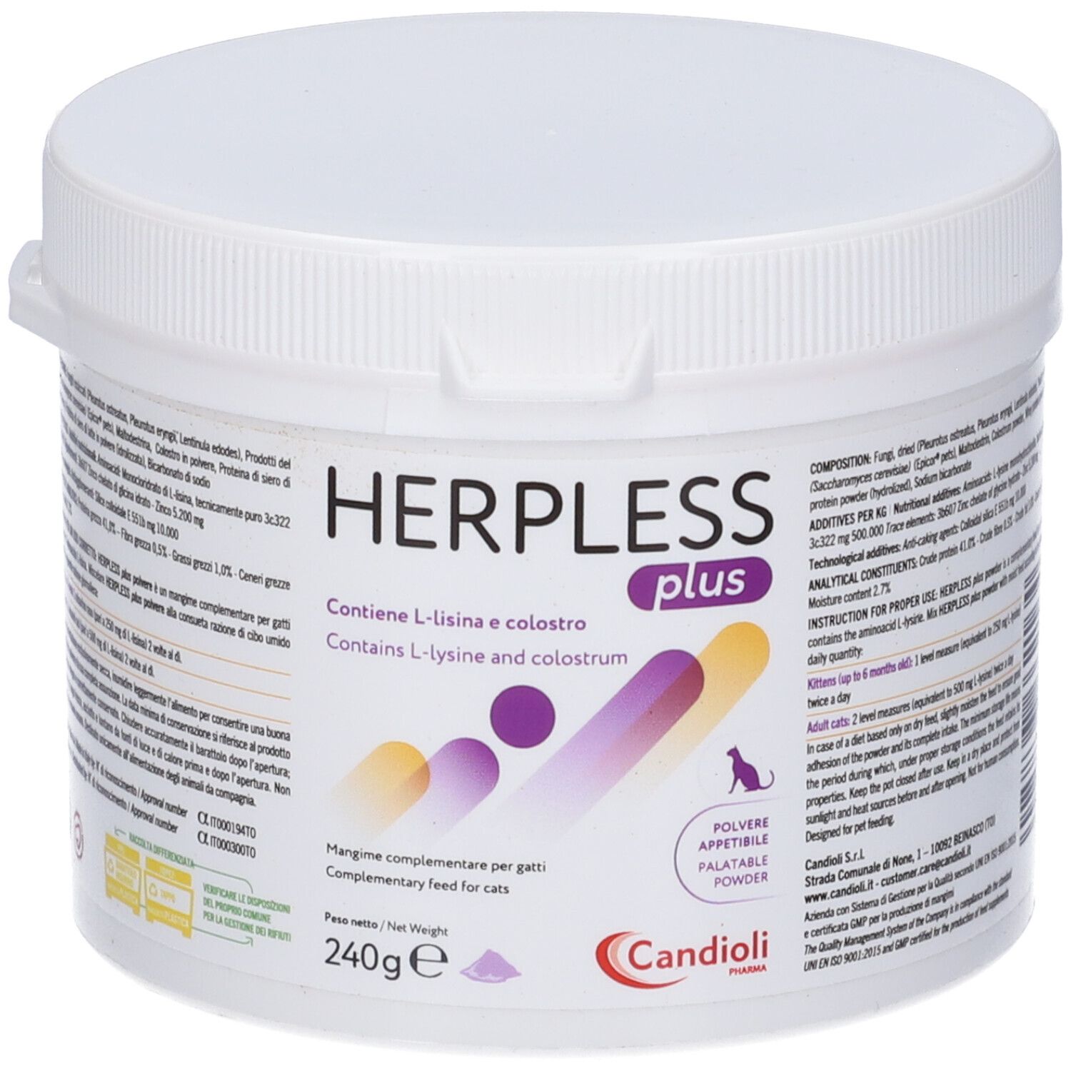 Contenitore bianco con coperchio. Scritta: Herpless plus. Contiene L-lisina e colostro. 240g. Marchio: Candioli.