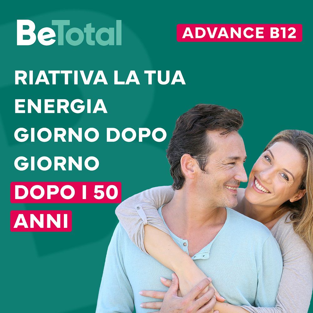Pubblicità per BeTotal Advance B12. Coppia sorridente. Testo: Riattiva la tua energia, giorno dopo giorno, dopo i 50 anni.