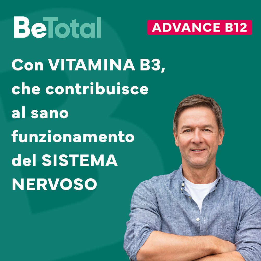Pubblicità per BeTotal Advance B12. Uomo sorridente. Testo: Con vitamina B3, che supporta il sistema nervoso.