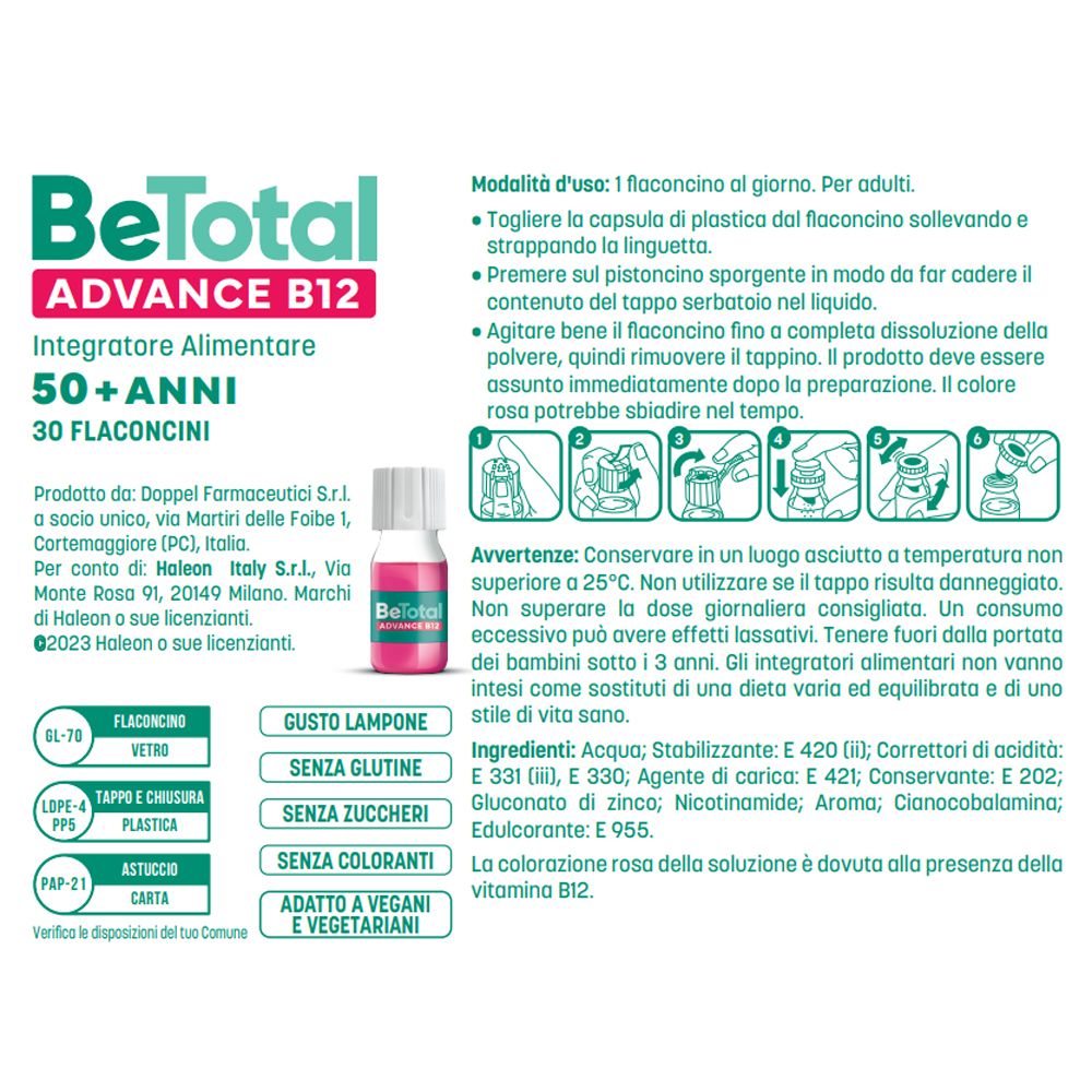 Primo piano della confezione di BeTotal Advance B12. Contiene 30 flaconcini. Testo: 50+ anni. Istruzioni per l'uso.