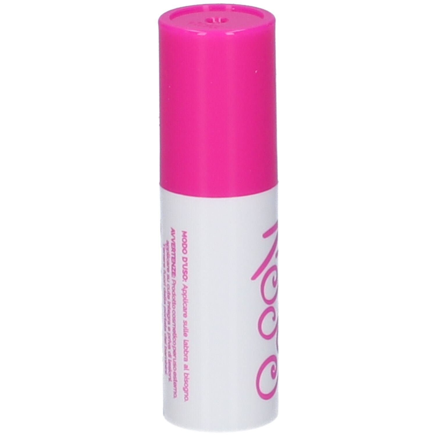 Stick labbra con cappuccio rosa e corpo bianco. Testo in italiano.