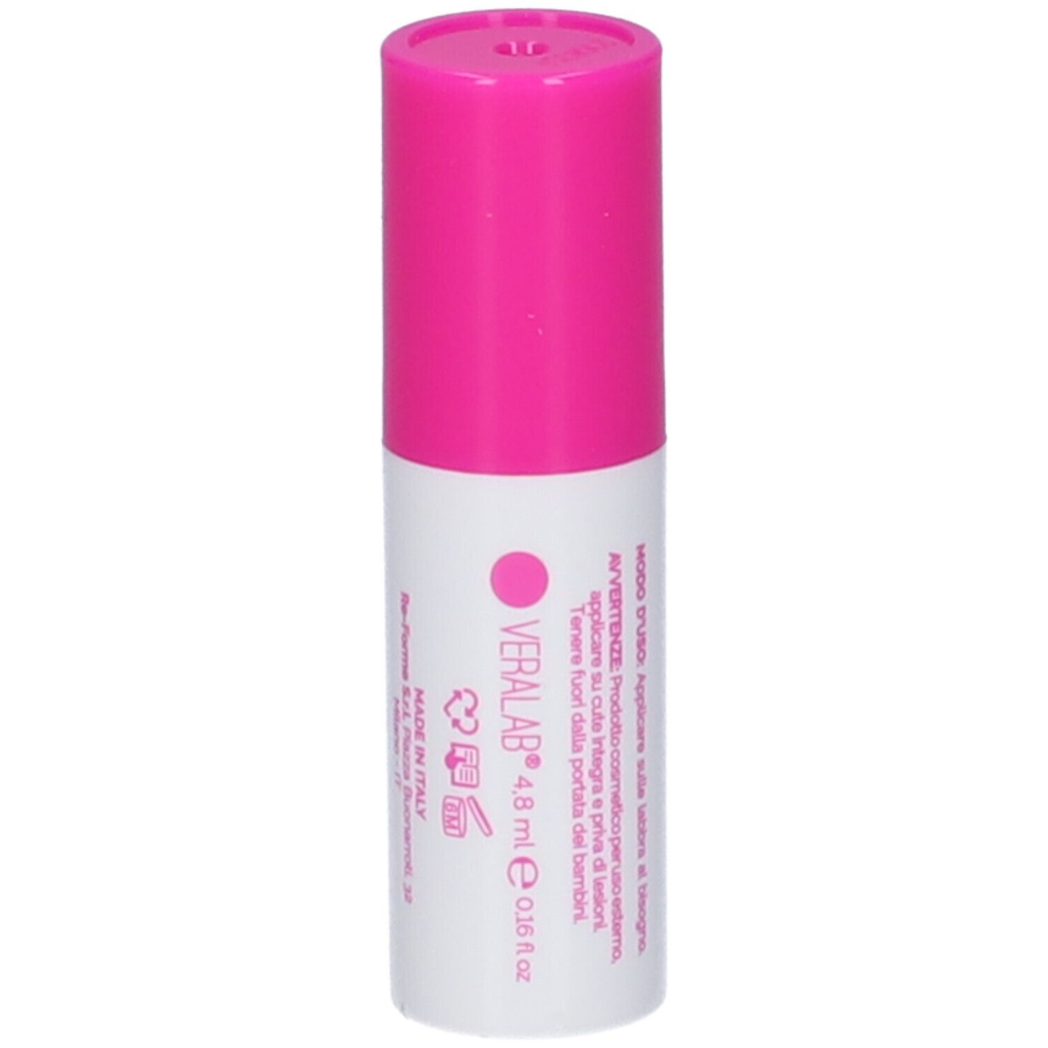 Stick labbra con cappuccio rosa e corpo bianco. Testo italiano, marchio VeraLab.