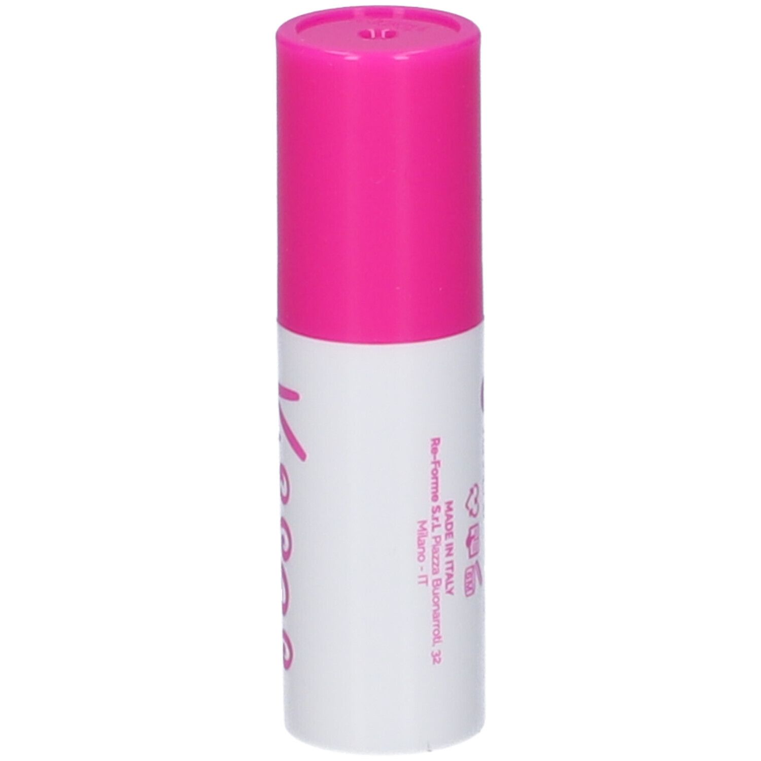 Stick labbra con cappuccio rosa e corpo bianco. Testo in italiano.