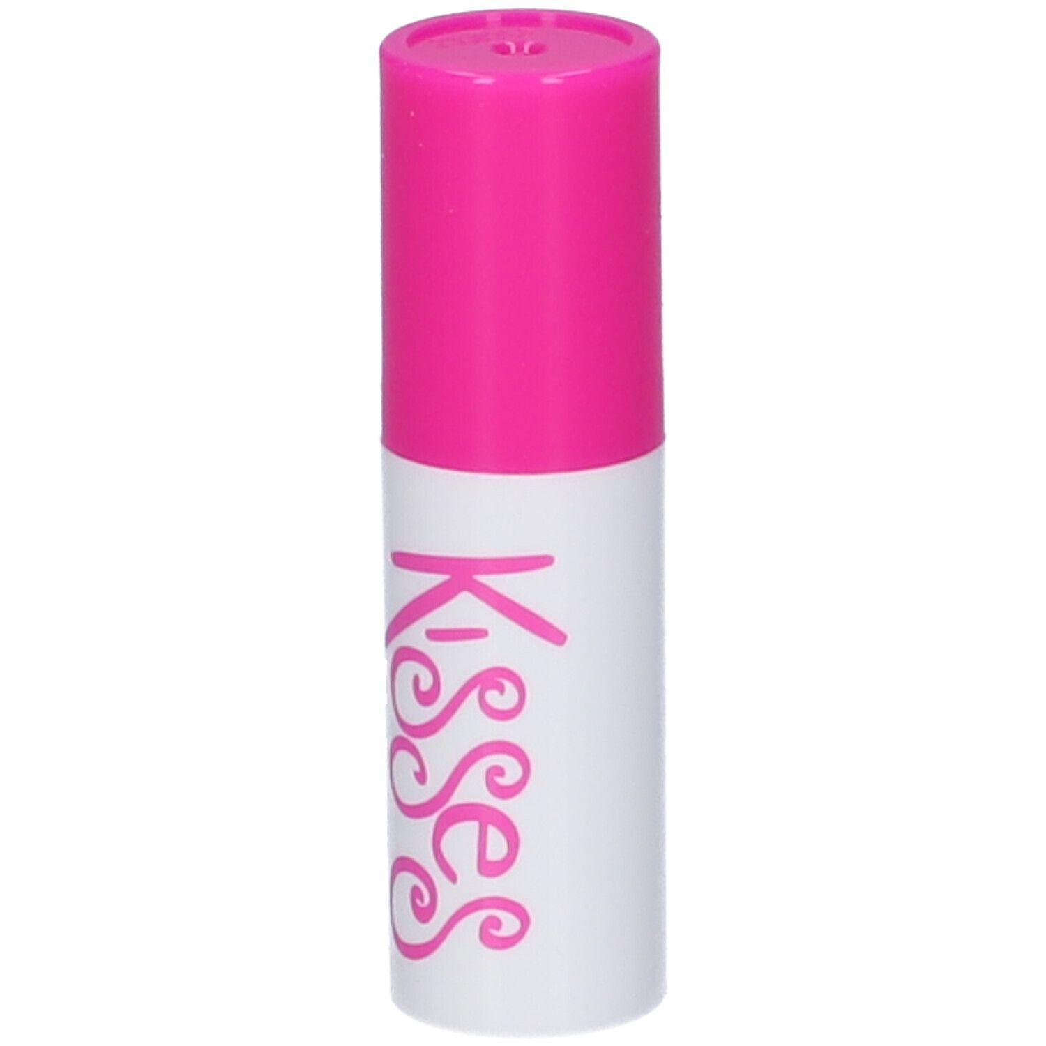 Stick labbra con cappuccio rosa e corpo bianco. Scritta rosa "Kisses".