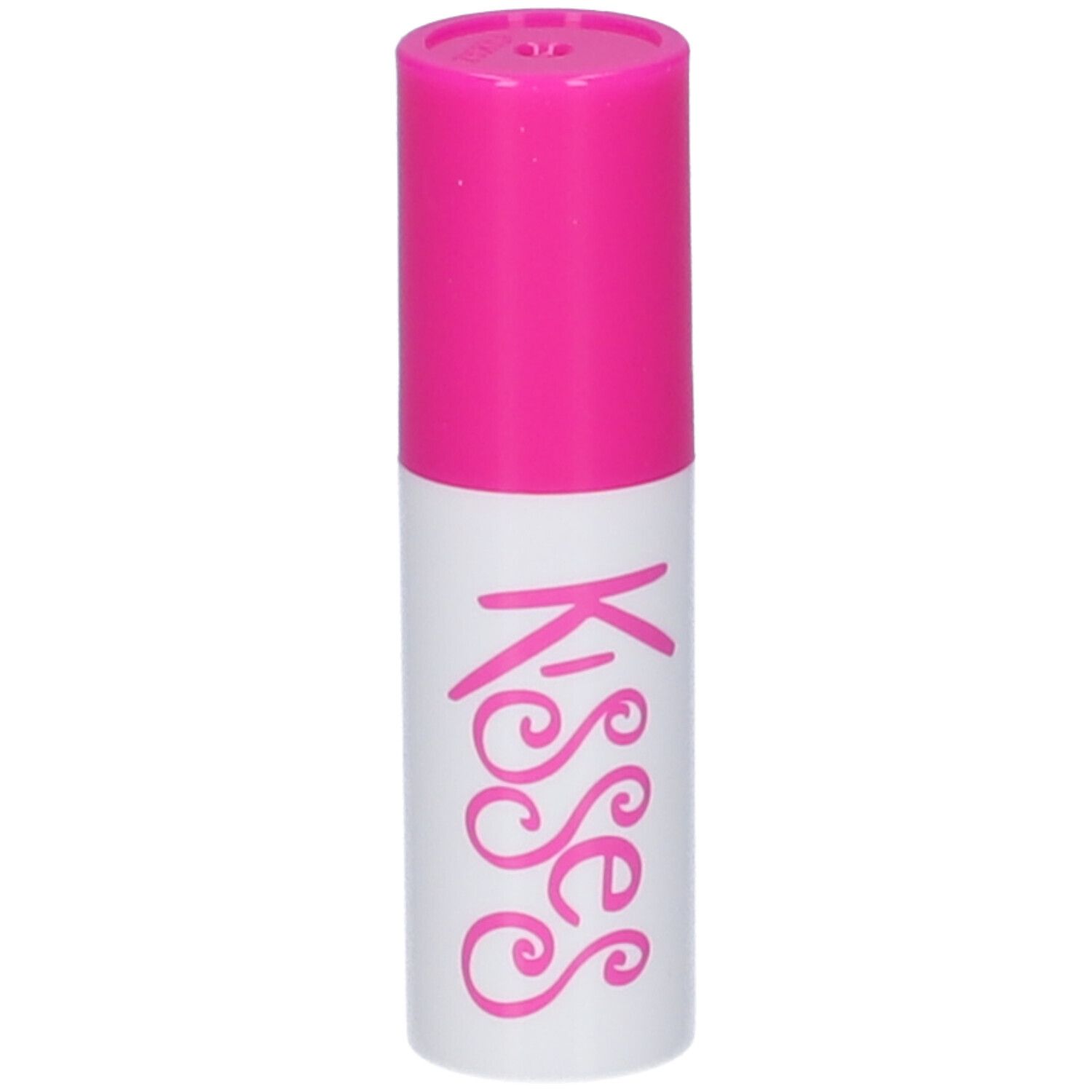 Stick labbra con cappuccio rosa e corpo bianco. Scritta rosa "Kisses".
