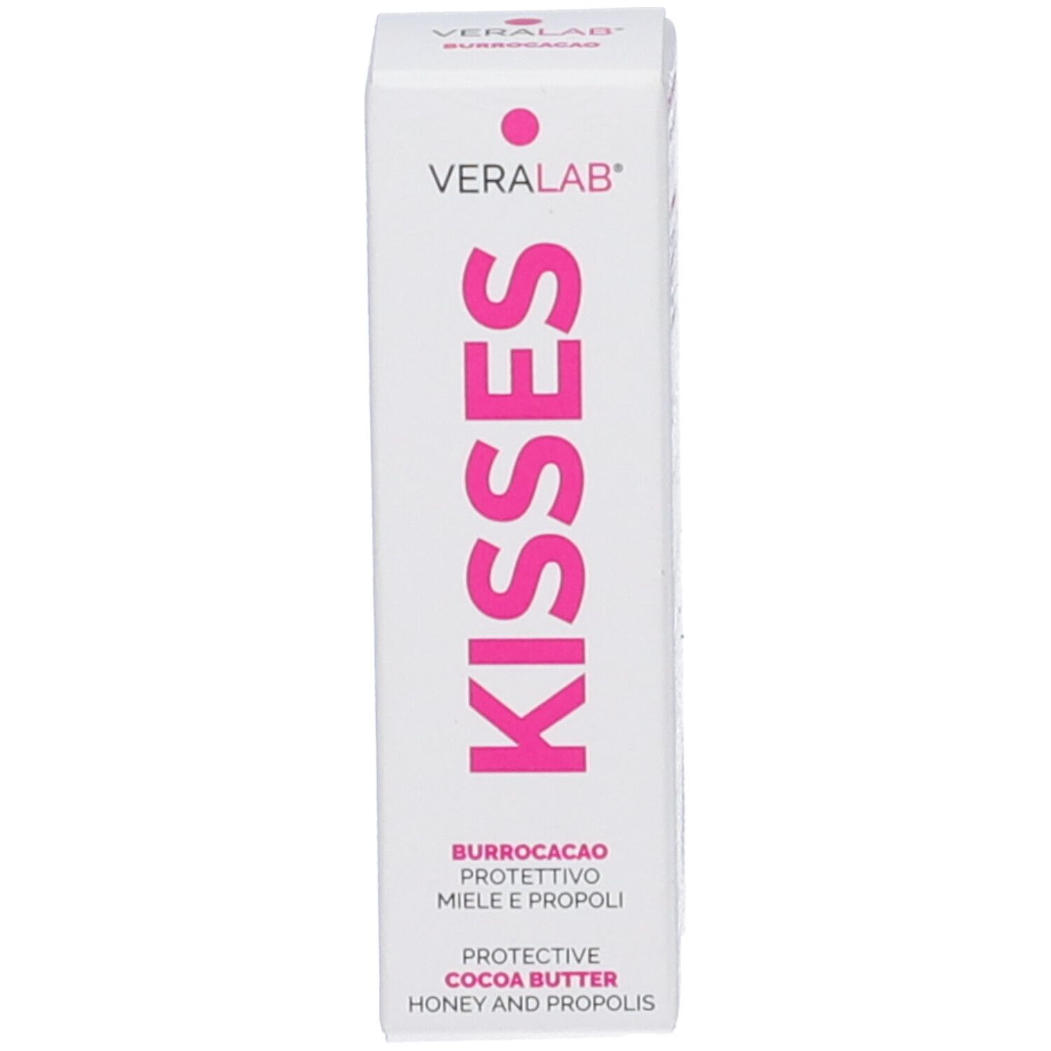 Confezione, bianca con scritta rosa "Kisses" e informazioni sul prodotto.