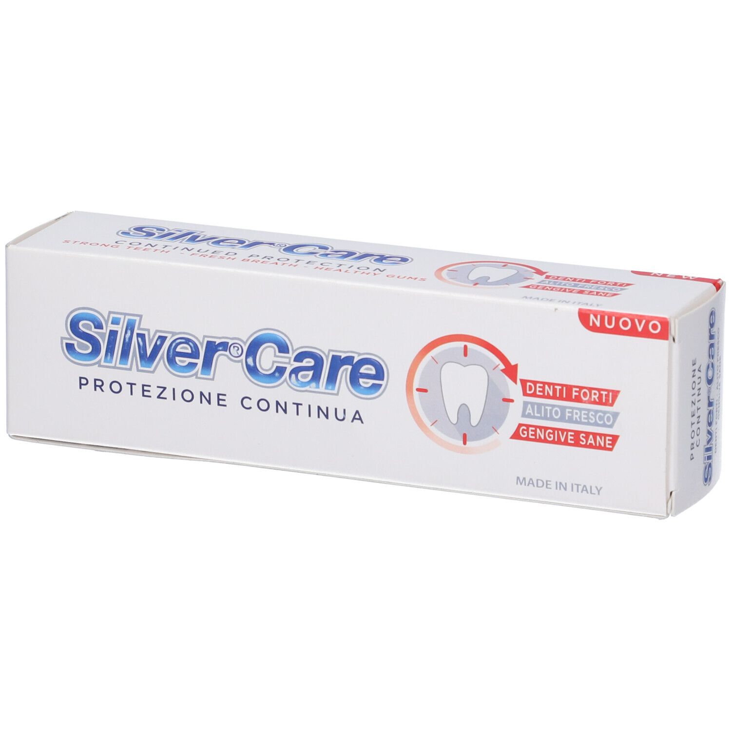 Confezione bianca con scritta blu 'Silver Care'. Contiene 'PROTEZIONE CONTINUA' e 'DENTI FORTI, ALITO FRESCO, GENGIVE SANE'.