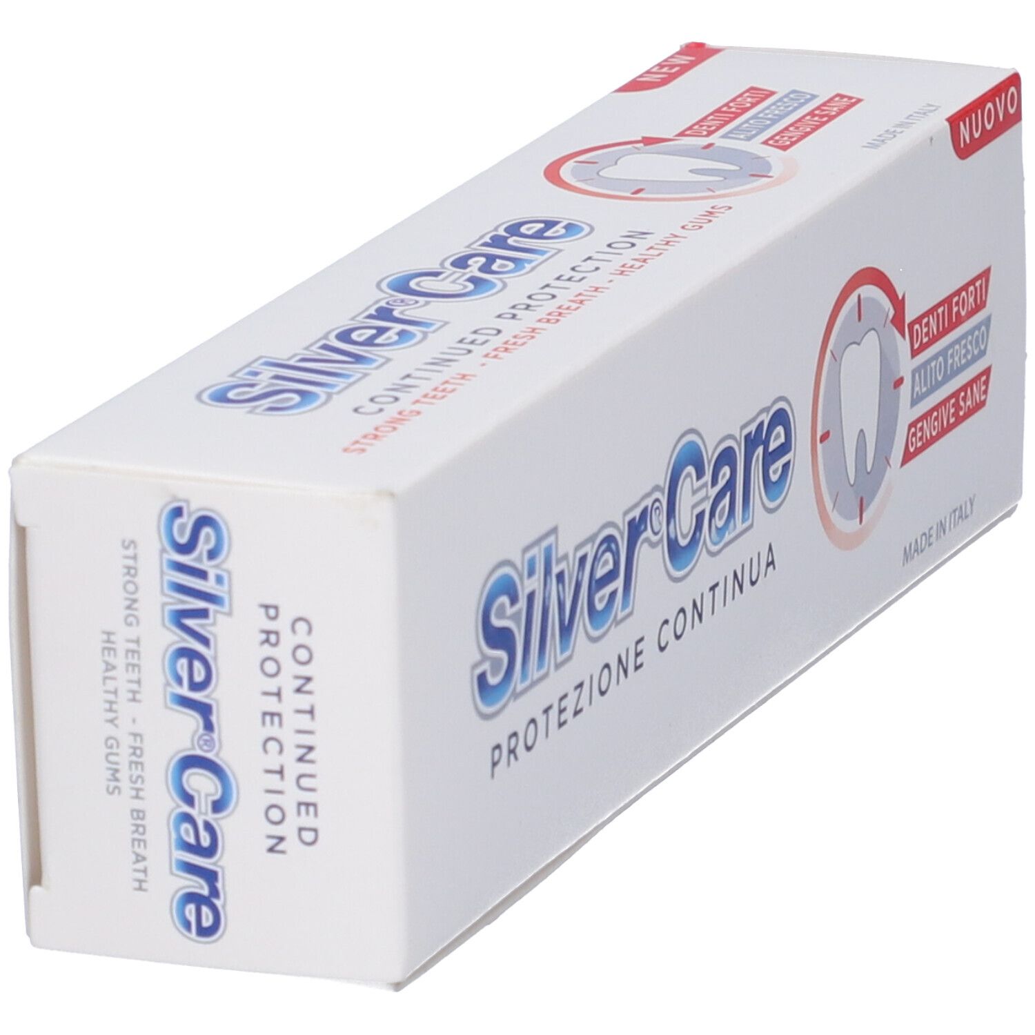 Confezione bianca con scritta blu 'Silver Care'. Contiene 'PROTEZIONE CONTINUA' e 'DENTI FORTI, ALITO FRESCO, GENGIVE SANE'.