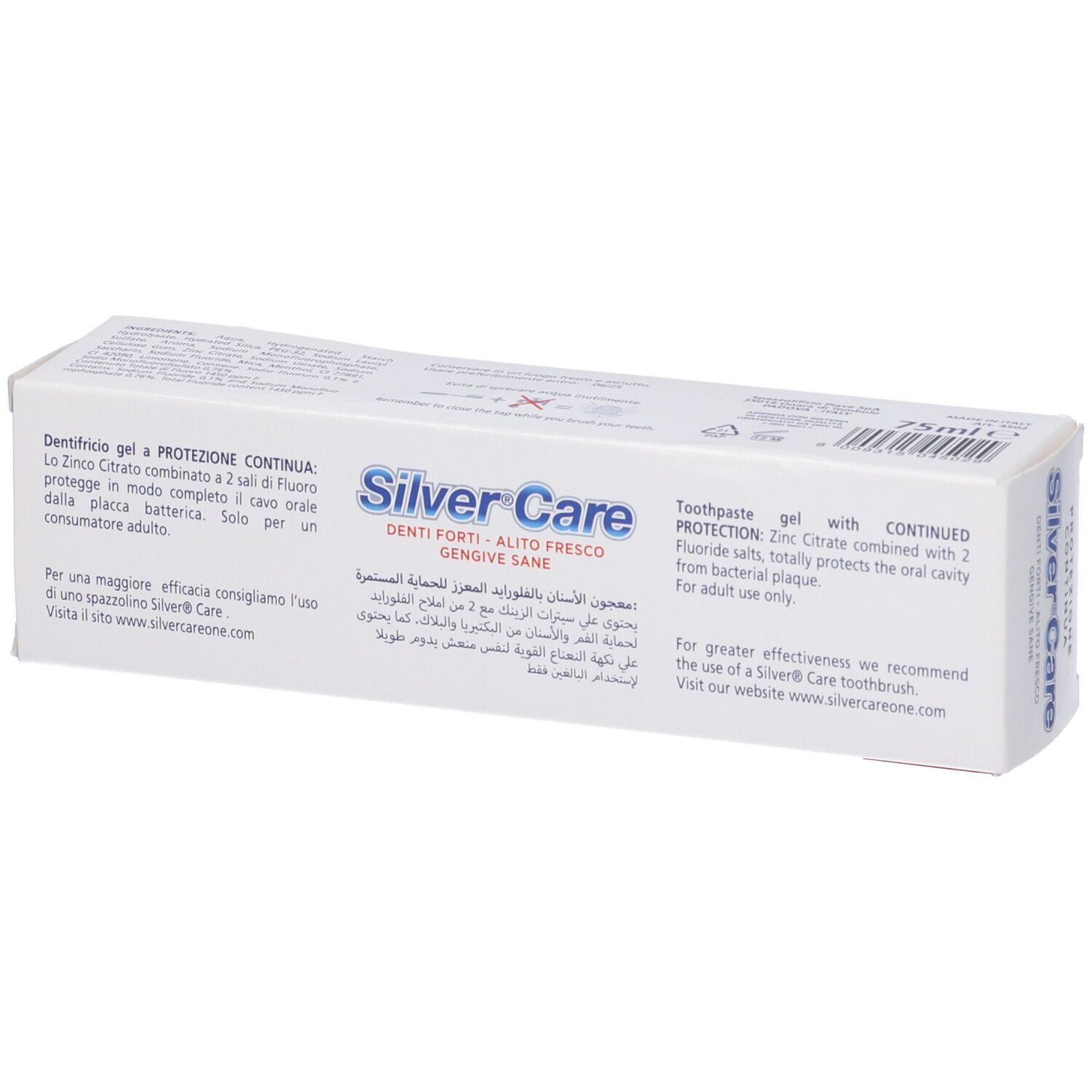 Confezione bianca con scritta blu 'Silver Care'. Contiene 'PROTEZIONE CONTINUA' e 'DENTI FORTI, ALITO FRESCO, GENGIVE SANE'.
