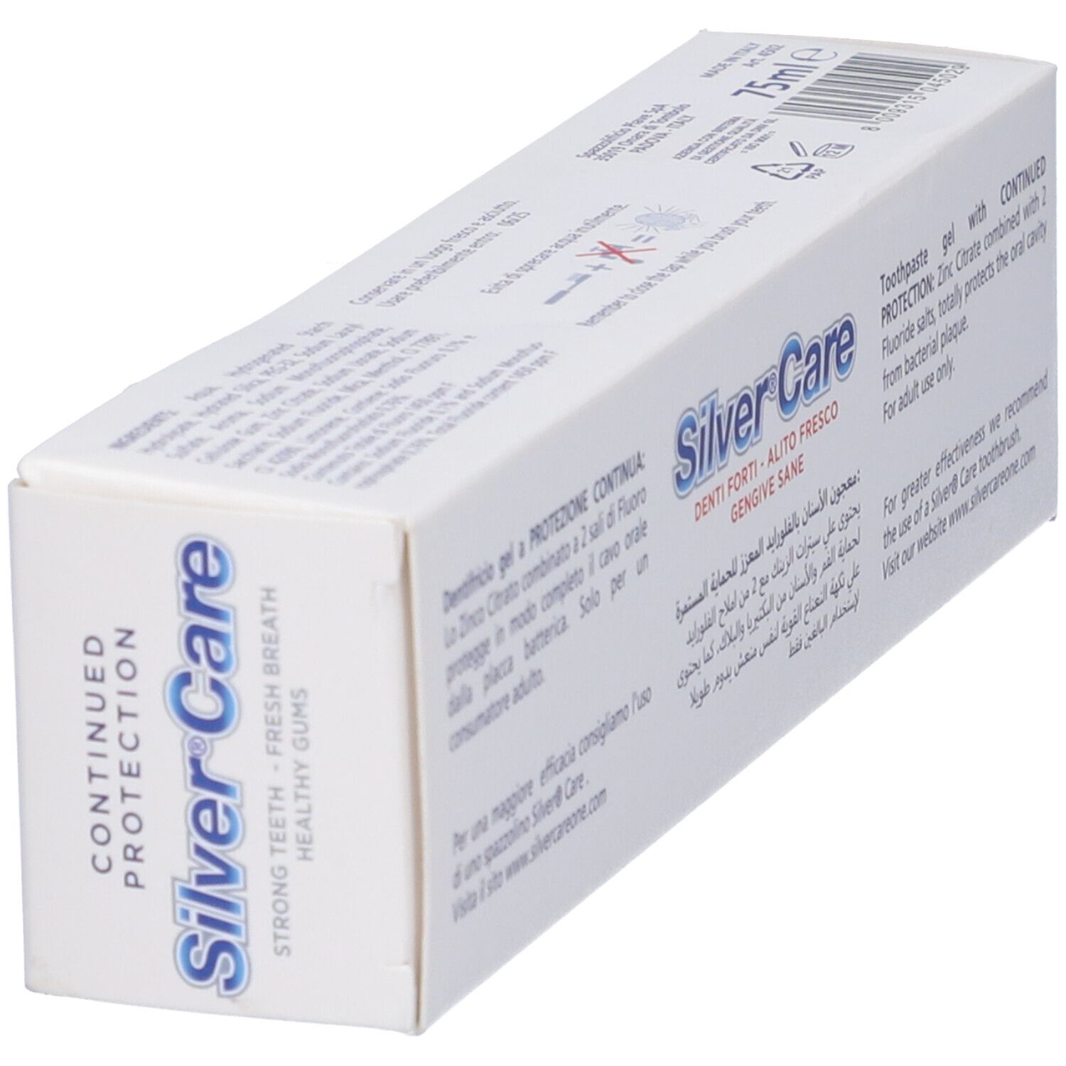 Confezione bianca con scritta blu 'Silver Care'. Contiene 'PROTEZIONE CONTINUA' e 'DENTI FORTI, ALITO FRESCO, GENGIVE SANE'.