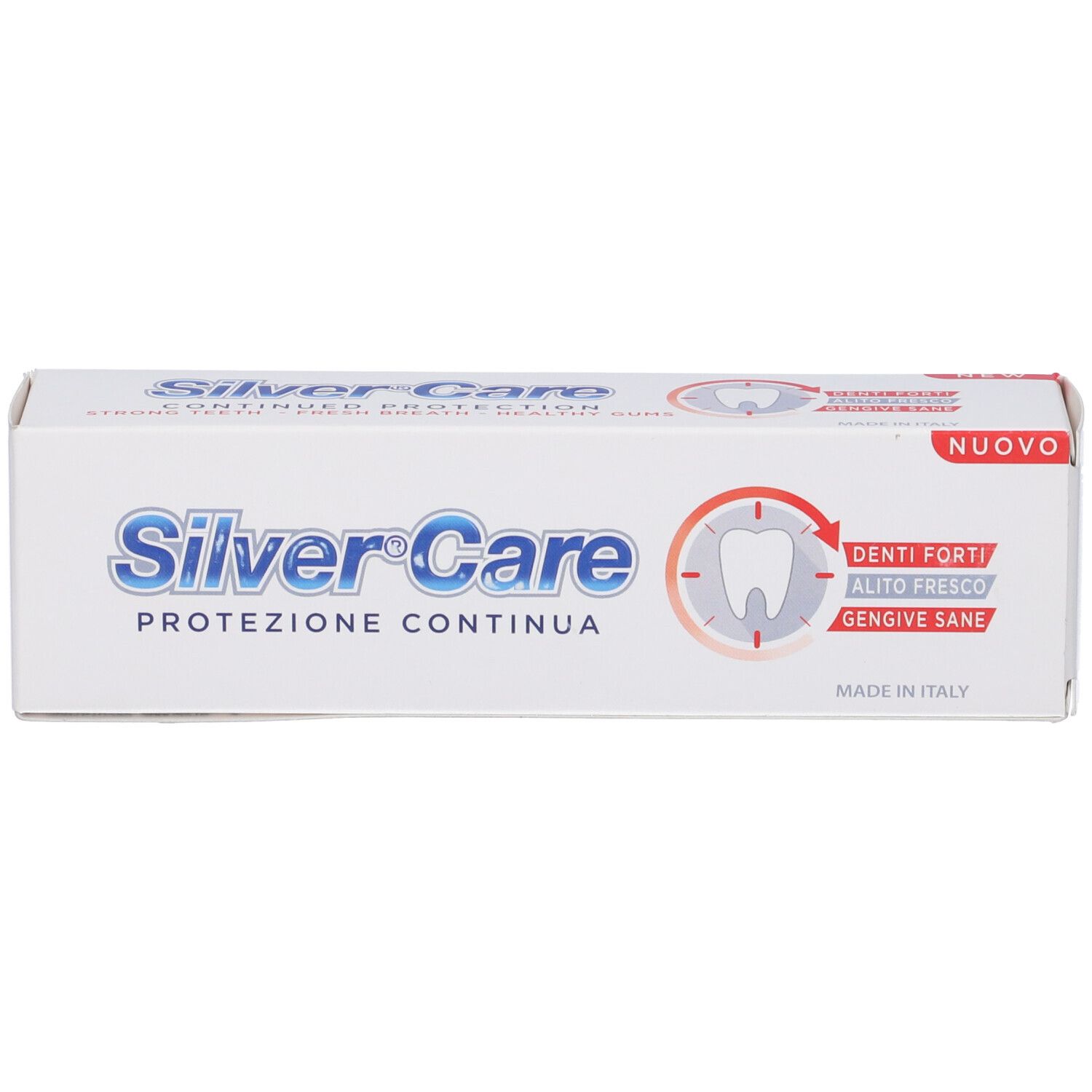 Confezione bianca con scritta blu 'Silver Care'. Contiene 'PROTEZIONE CONTINUA' e 'DENTI FORTI, ALITO FRESCO, GENGIVE SANE'.