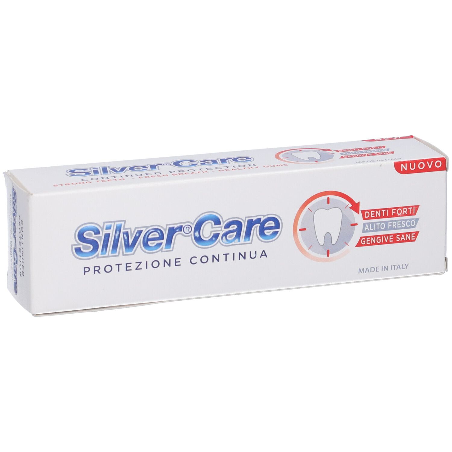 Confezione bianca con scritta blu 'Silver Care'. Contiene 'PROTEZIONE CONTINUA' e 'DENTI FORTI, ALITO FRESCO, GENGIVE SANE'.