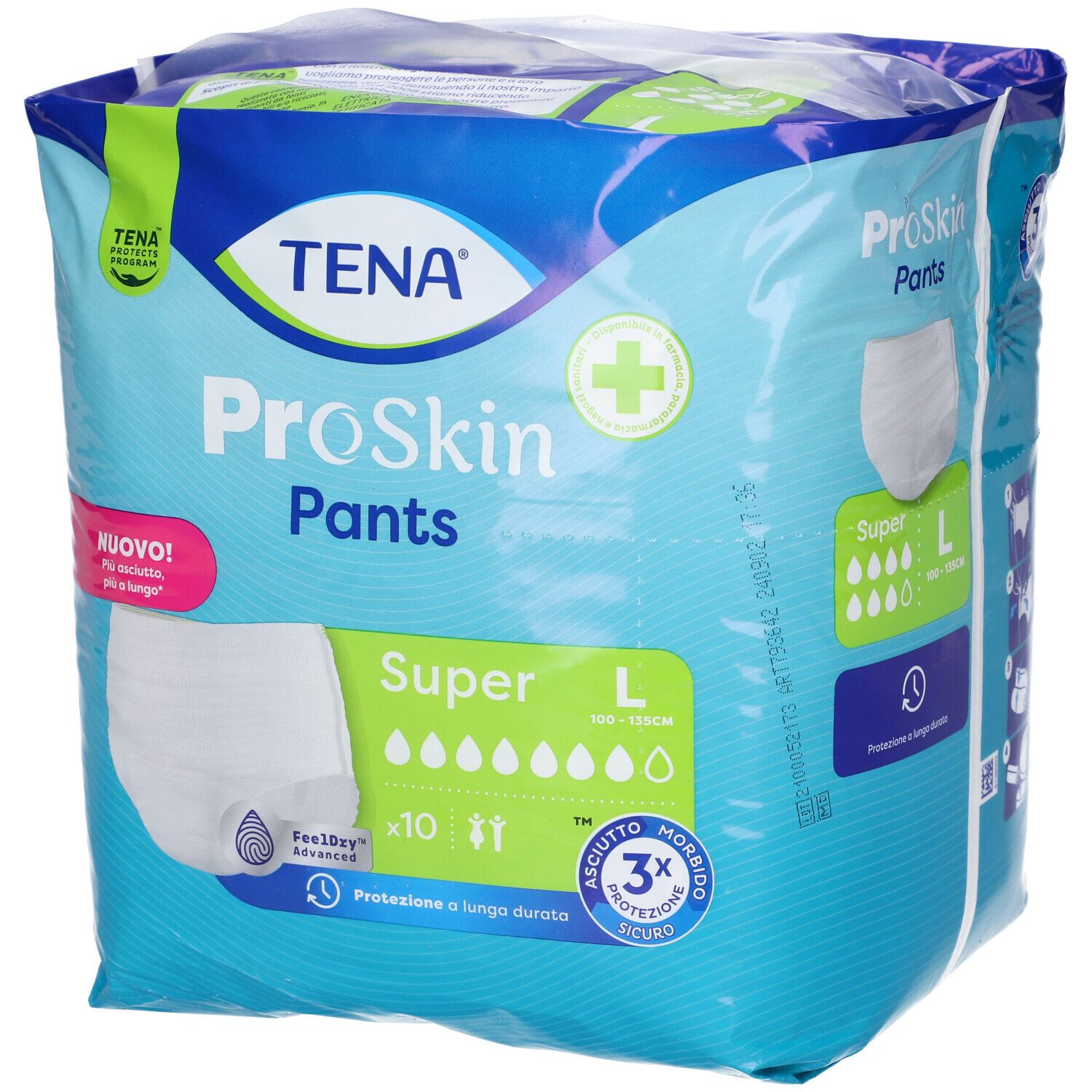 Confezione TENA ProSkin Pants Super, taglia L. Mostra pannolino, colori verde e blu, informazioni prodotto.