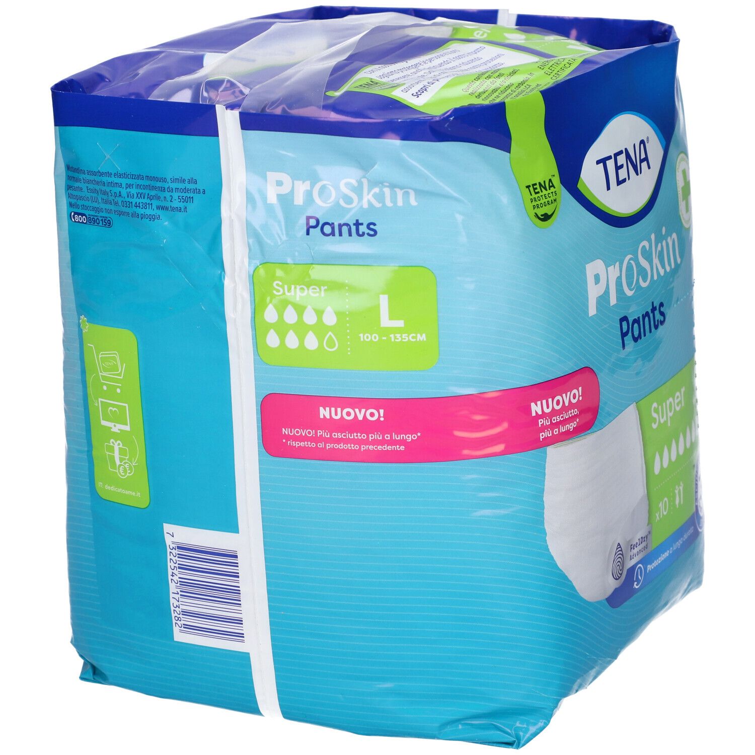 Confezione TENA ProSkin Pants Super, taglia L. Mostra pannolino, colori verde e blu, informazioni prodotto.