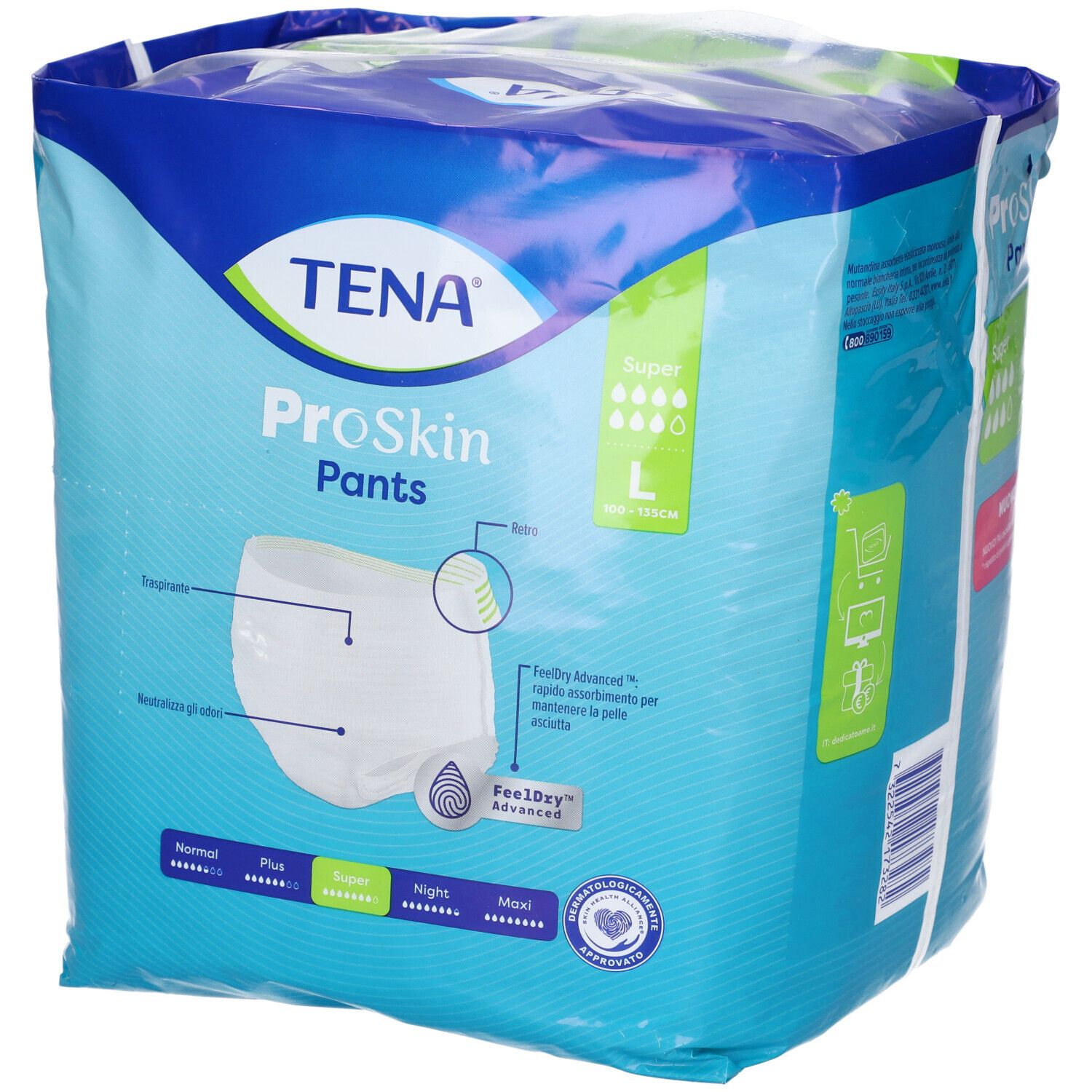 Confezione TENA ProSkin Pants Super, taglia L. Mostra pannolino, colori verde e blu, informazioni prodotto.