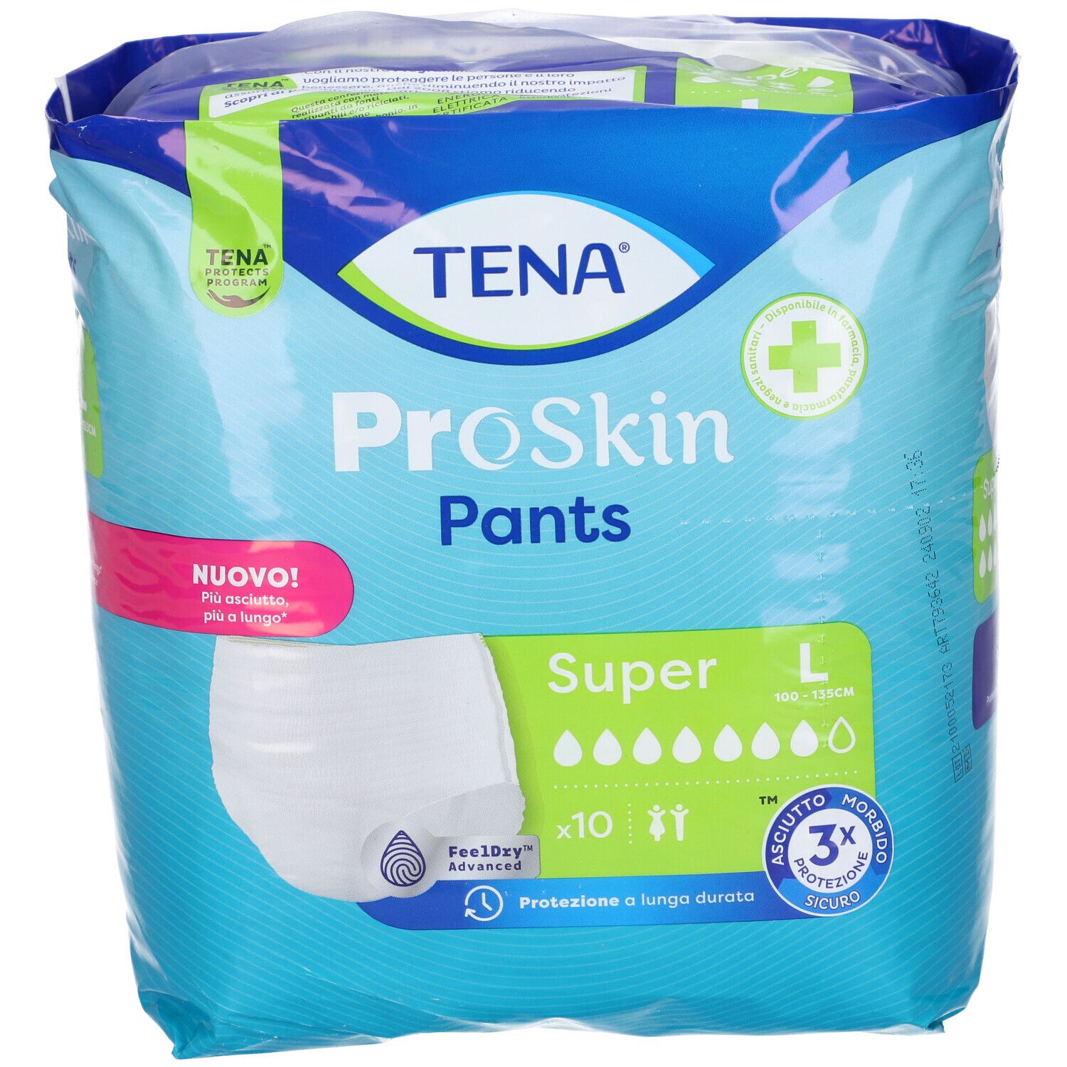 Confezione TENA ProSkin Pants Super, taglia L. Mostra pannolino, colori verde e blu, informazioni prodotto.