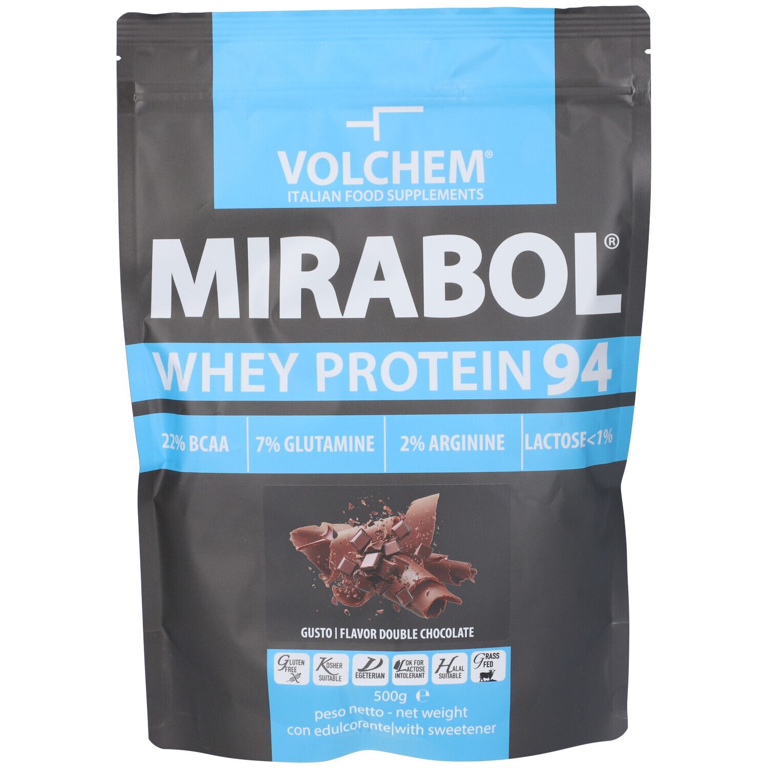 Busta nera con banda blu. Scritta MIRABOL WHEY PROTEIN 94, logo VOLCHEM. Gusto Double Chocolate. Contiene 500g.