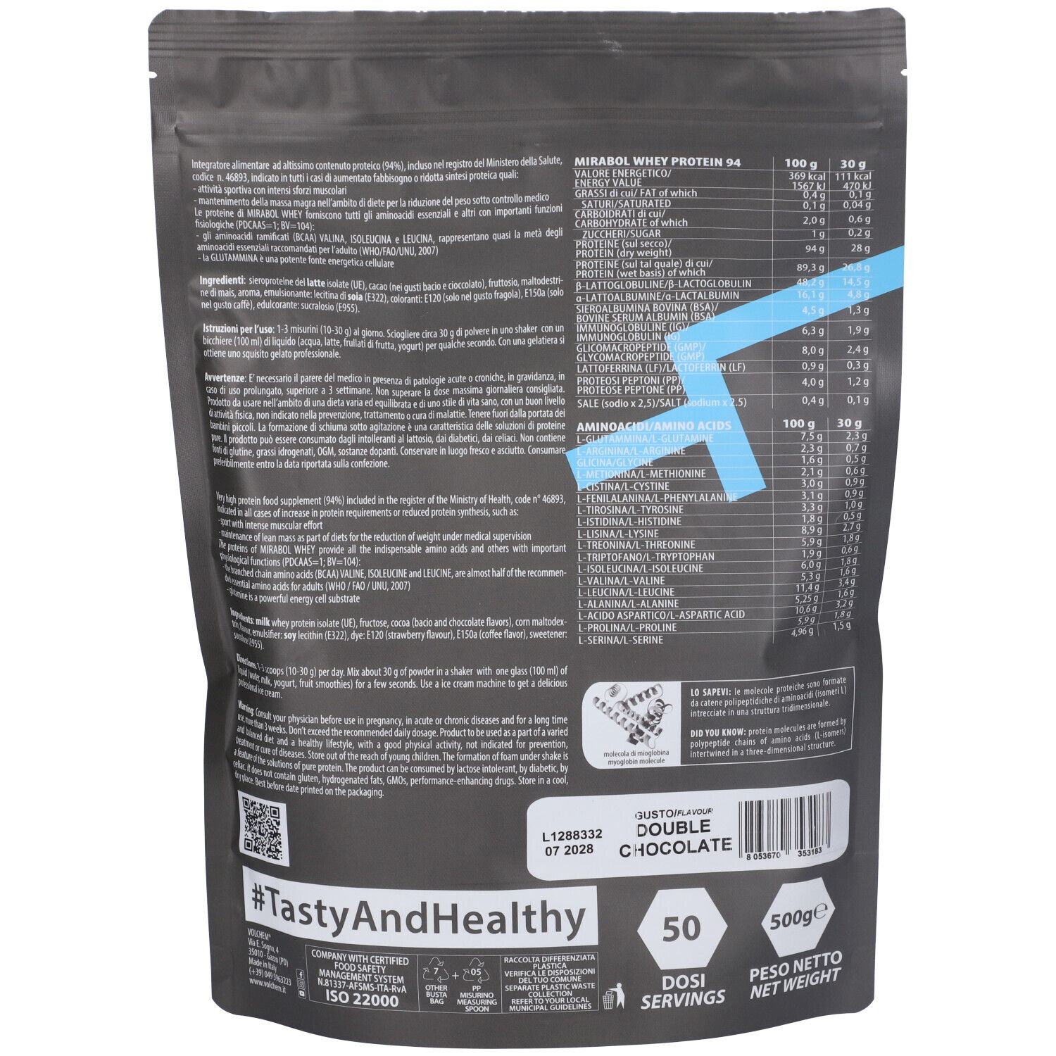 Retro della busta nera. Contiene informazioni nutrizionali e lista ingredienti. Gusto Double Chocolate. 50 porzioni, 500g.