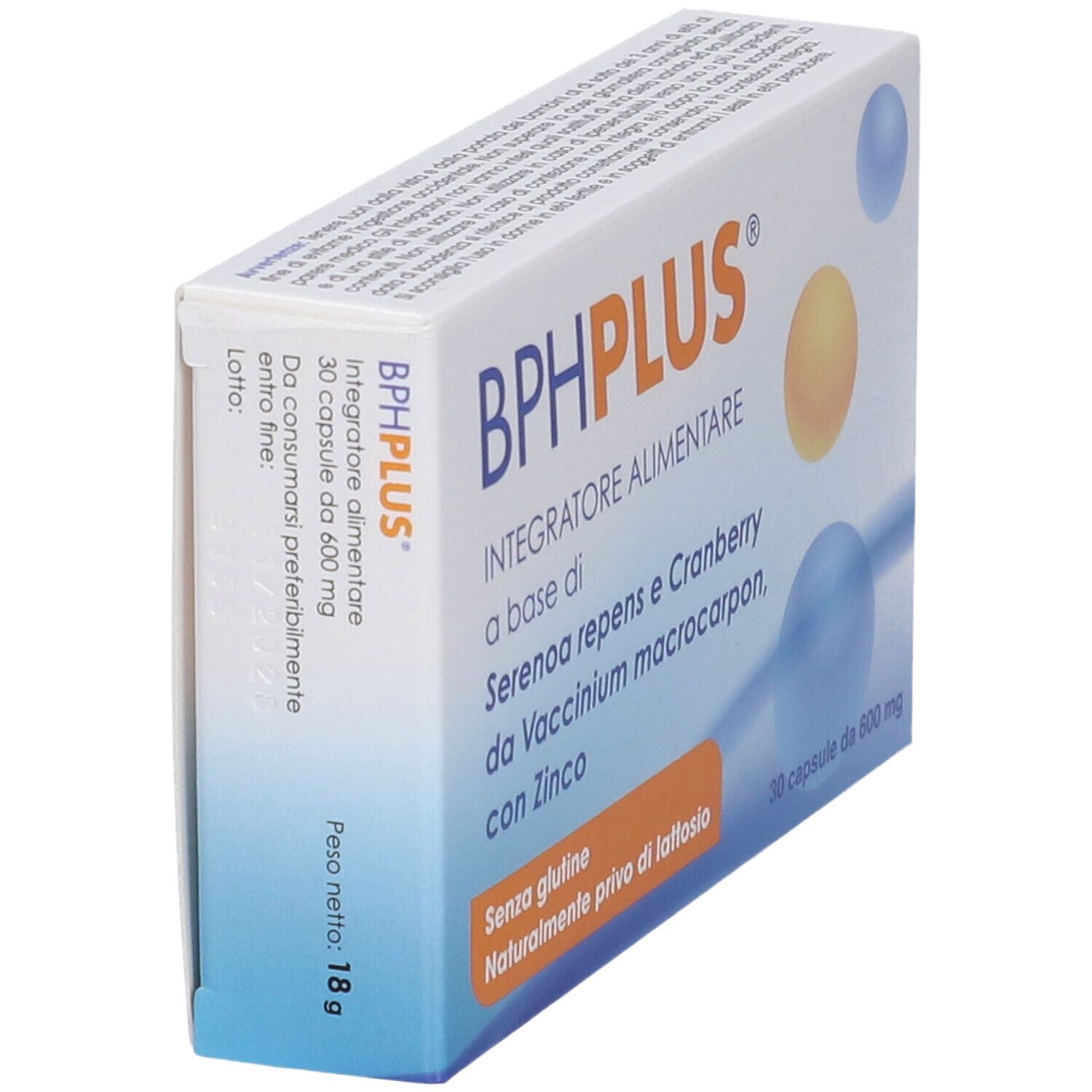 Scatola BPH Plus, integratore alimentare. Contiene mirtillo rosso, zinco e serenoa. 18g. 30 capsule. Vista laterale.