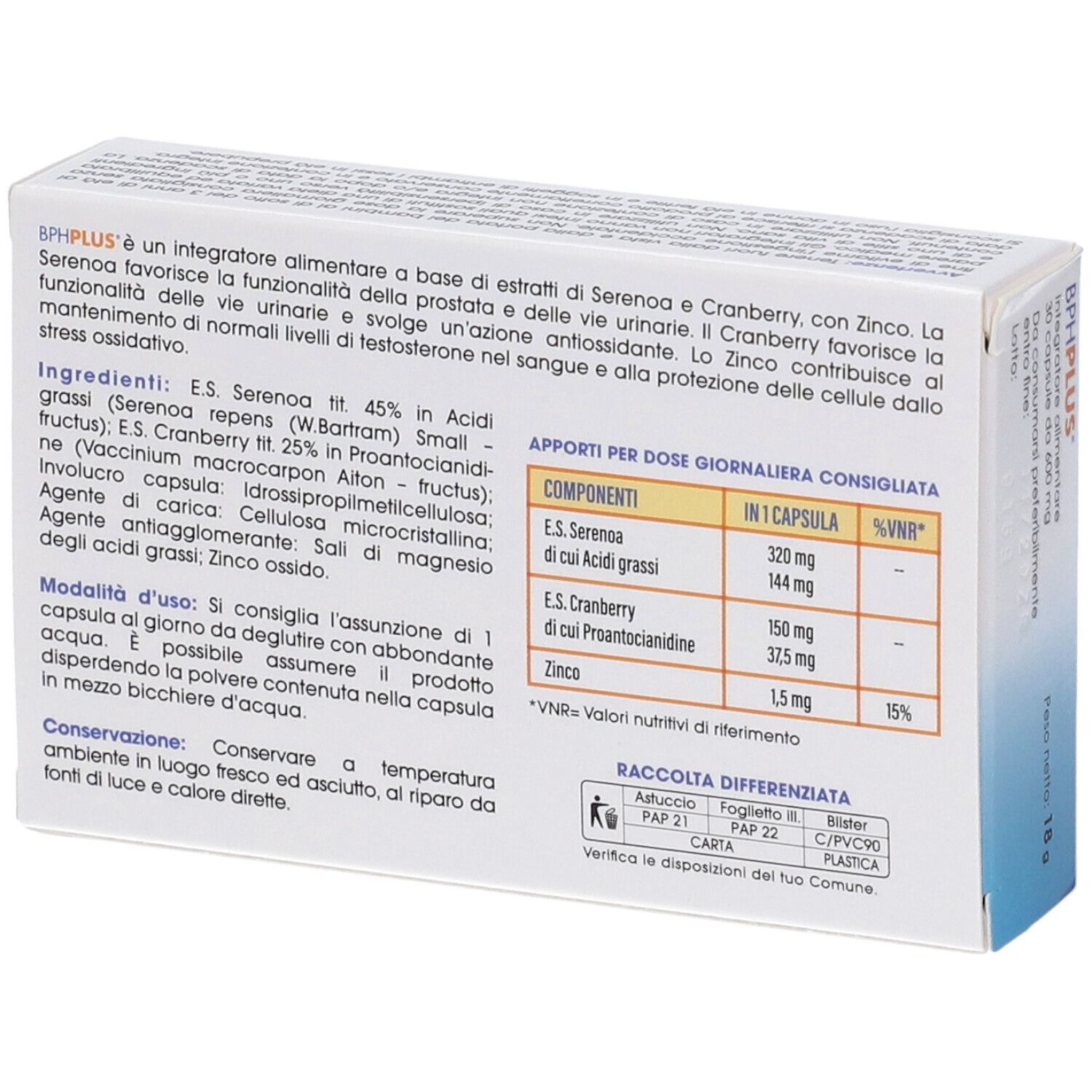 Retro della confezione BPH Plus. Contiene informazioni su ingredienti, dosaggio e componenti. 30 capsule.