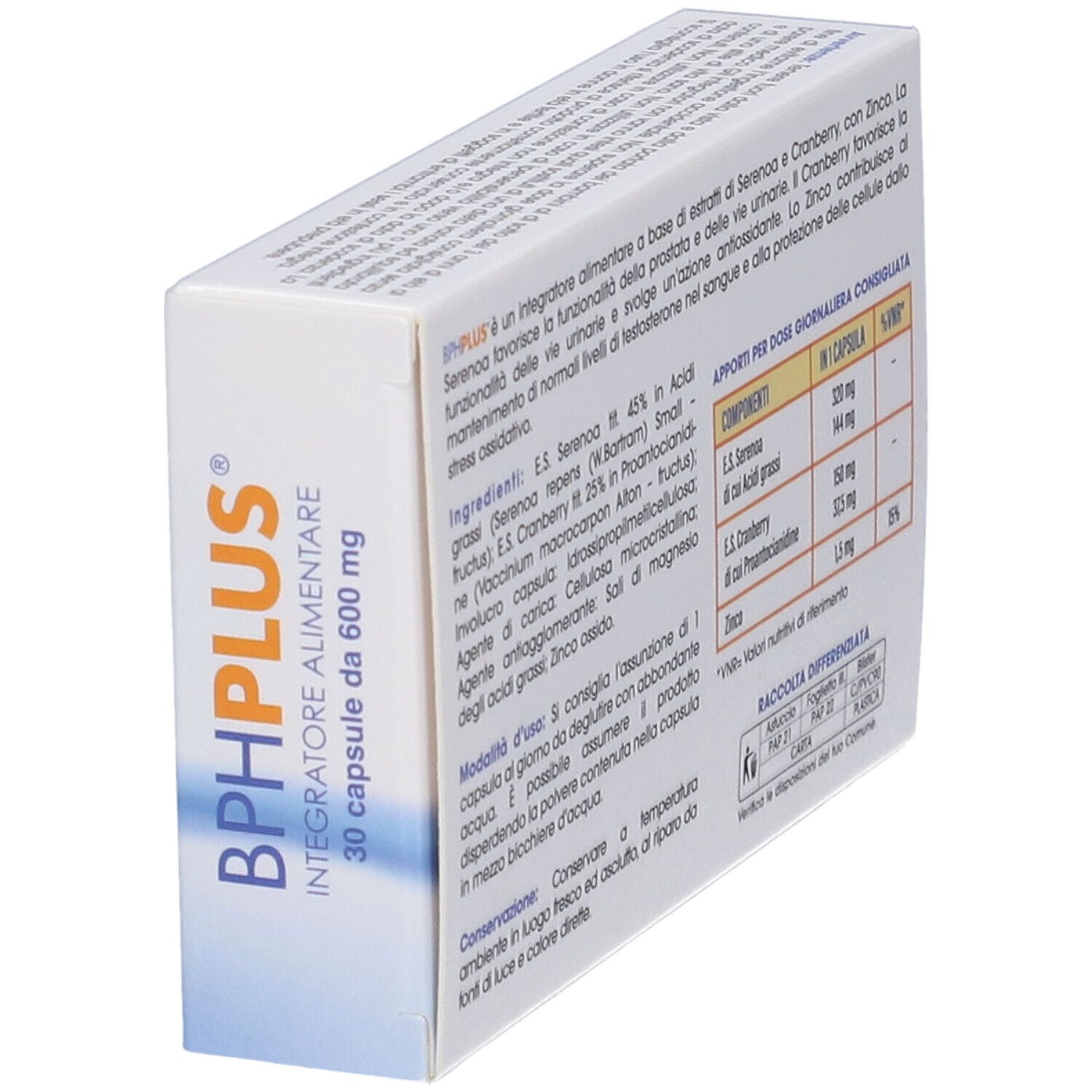 Confezione BPH Plus, integratore alimentare. Contiene mirtillo rosso, zinco e serenoa. 30 capsule. Vista laterale.