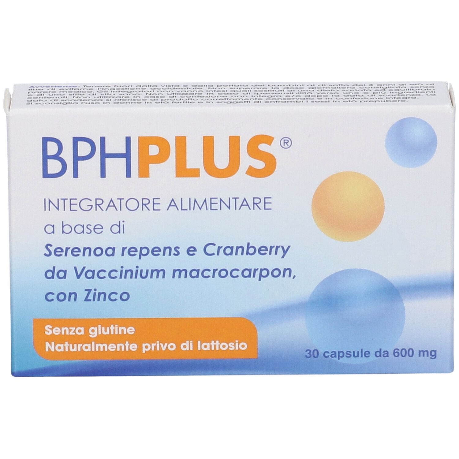 Scatola di BPH Plus, integratore alimentare. Contiene mirtillo rosso, zinco e serenoa. Senza glutine, senza lattosio. 30 capsule.