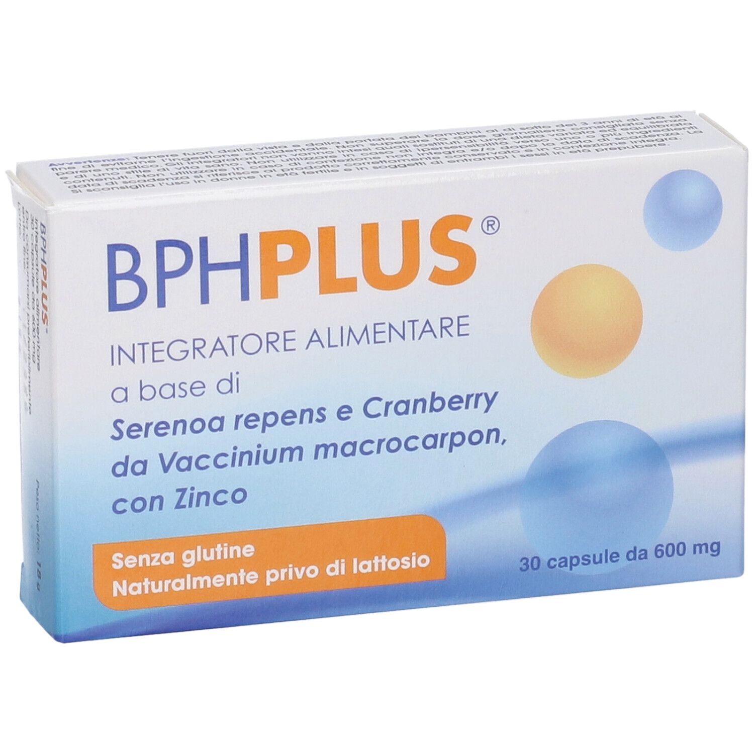 Scatola di BPH Plus, integratore alimentare. Contiene mirtillo rosso, zinco e serenoa. Senza glutine, senza lattosio. 30 capsule.