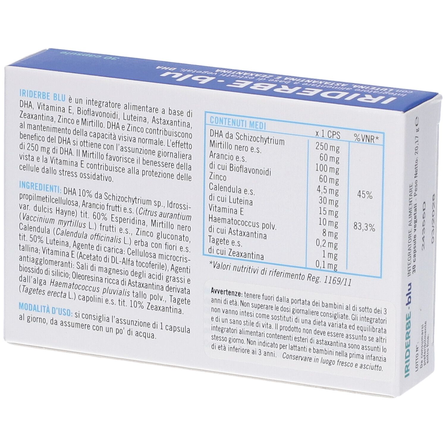 Retro della scatola Iriderbe Blu. Ingredienti, informazioni nutrizionali. Testo in italiano.