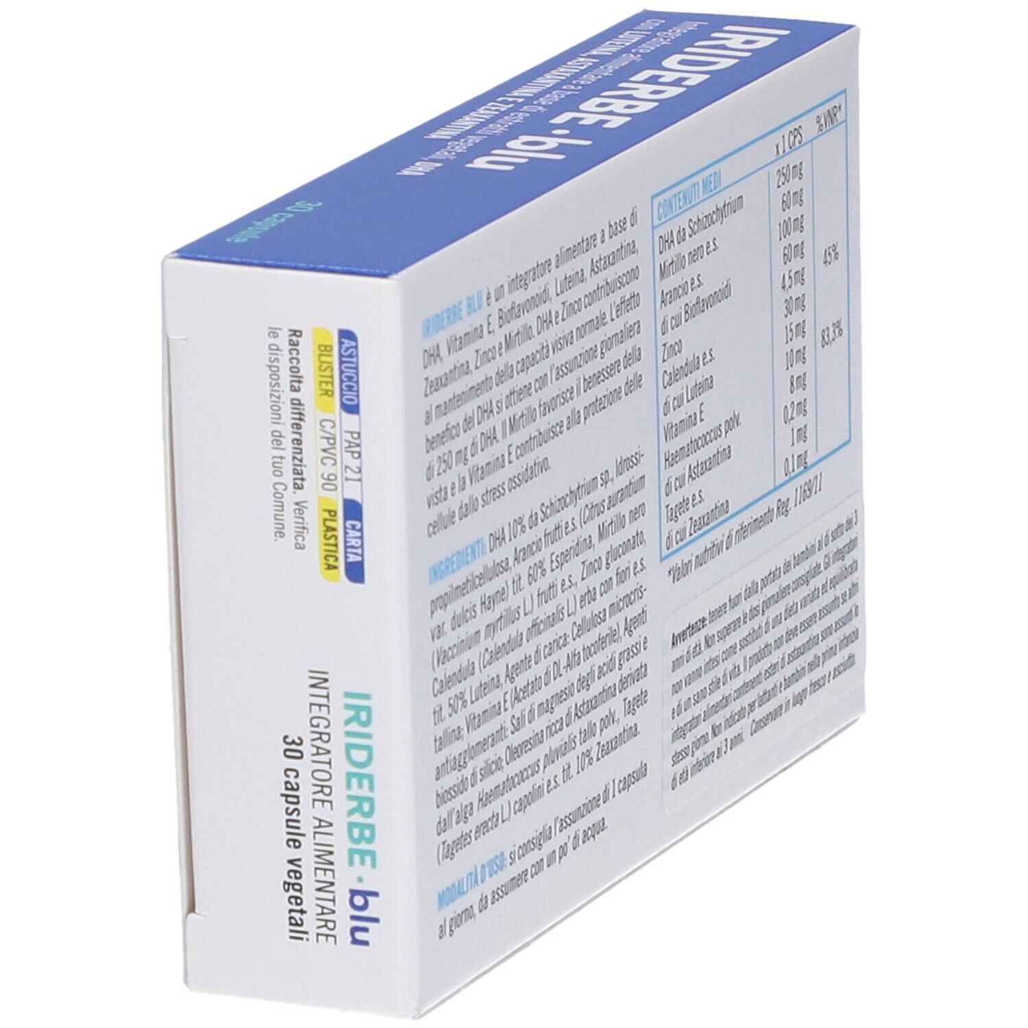 Vista angolata della scatola Iriderbe Blu. Retro con ingredienti e informazioni nutrizionali.