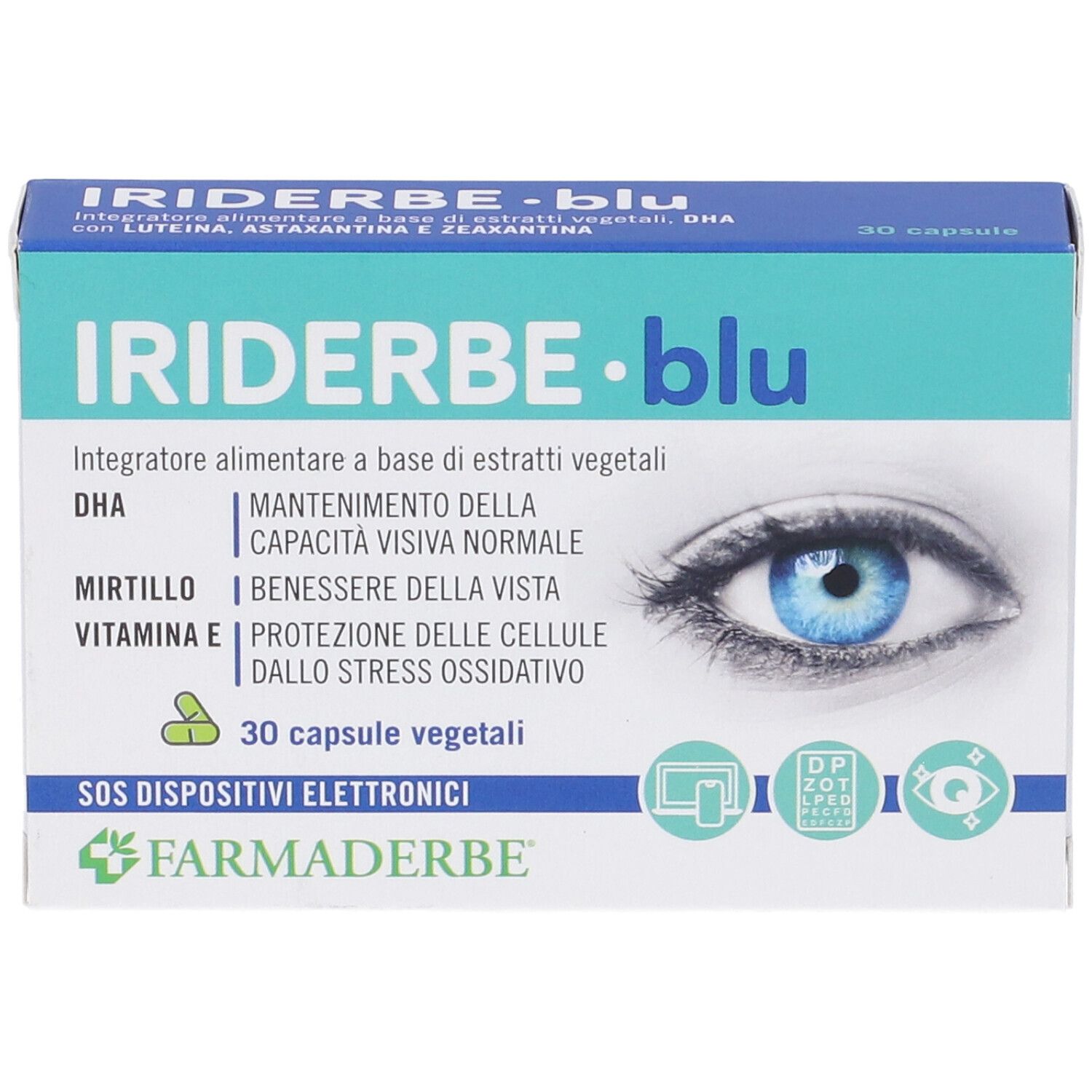 Scatola Iriderbe Blu. Stampa: occhio, 30 capsule, ingredienti. Marchio: Farmaderbe.
