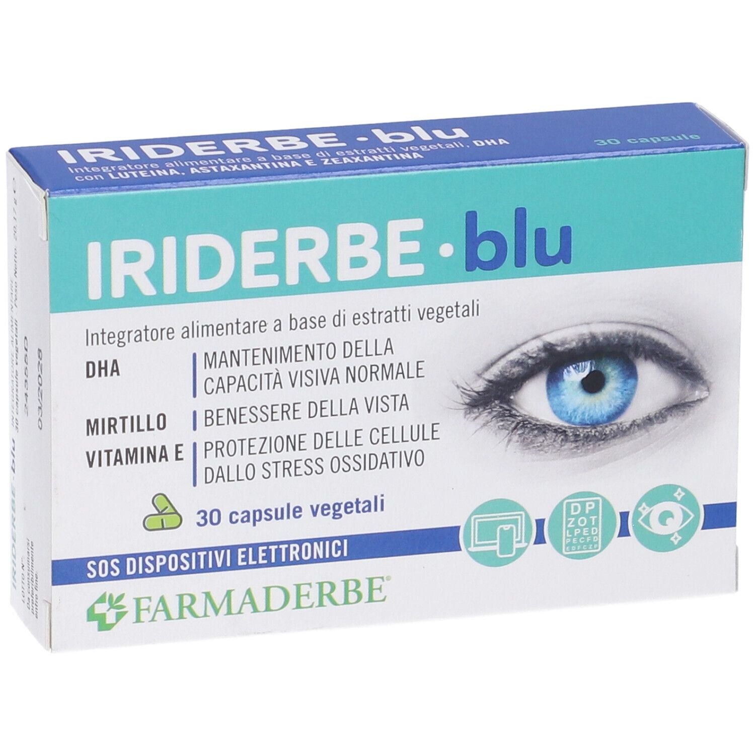 Scatola Iriderbe Blu. Stampa: occhio, 30 capsule, ingredienti. Marchio: Farmaderbe.