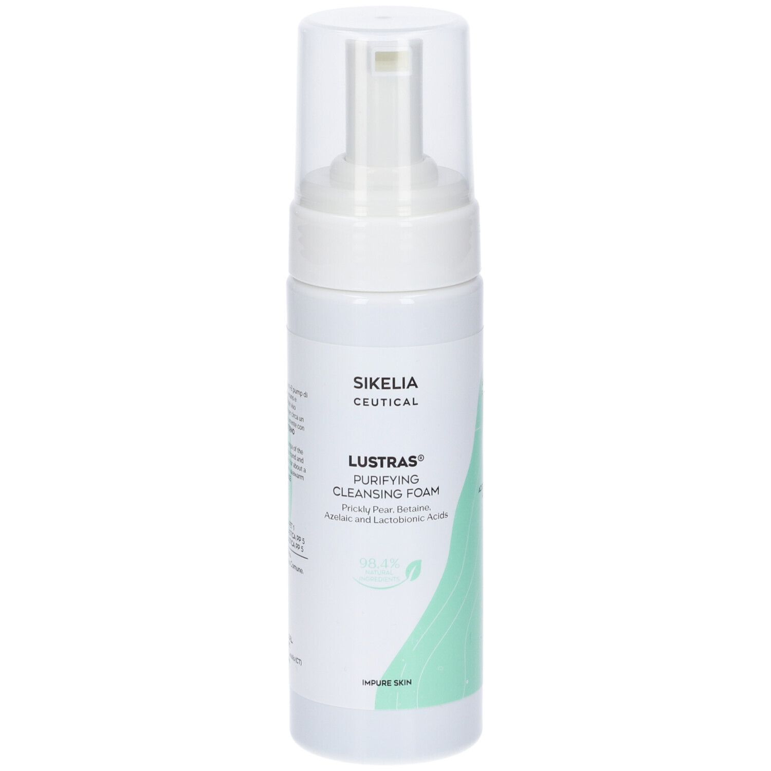 Flacone bianco con erogatore. Scritta: SIKEIA CEUTICAL, LUSTRAS Purifying Cleansing Foam.