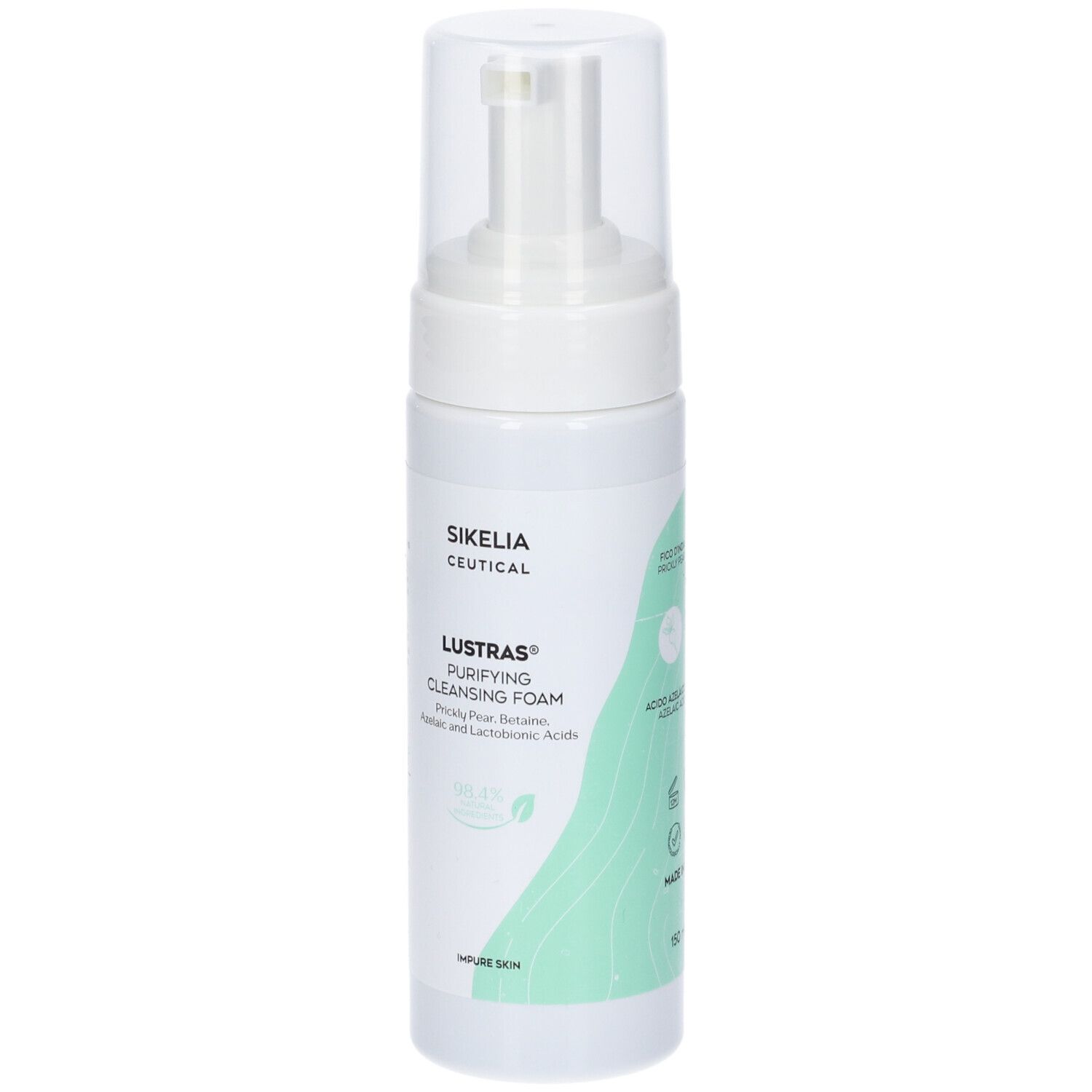 Flacone bianco con erogatore. Scritta: SIKEIA CEUTICAL, LUSTRAS Purifying Cleansing Foam.
