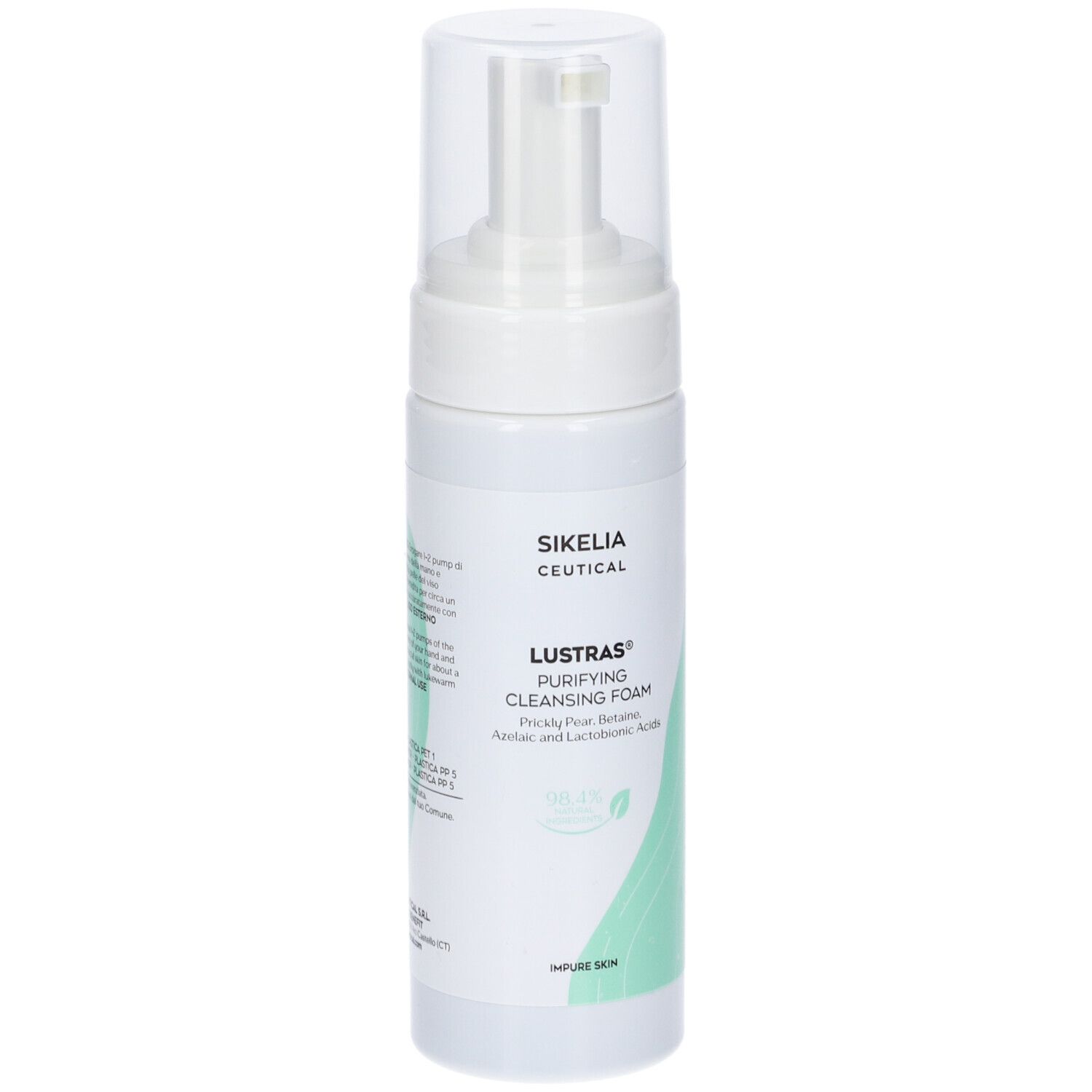Flacone bianco con erogatore. Scritta: SIKEIA CEUTICAL, LUSTRAS Purifying Cleansing Foam.