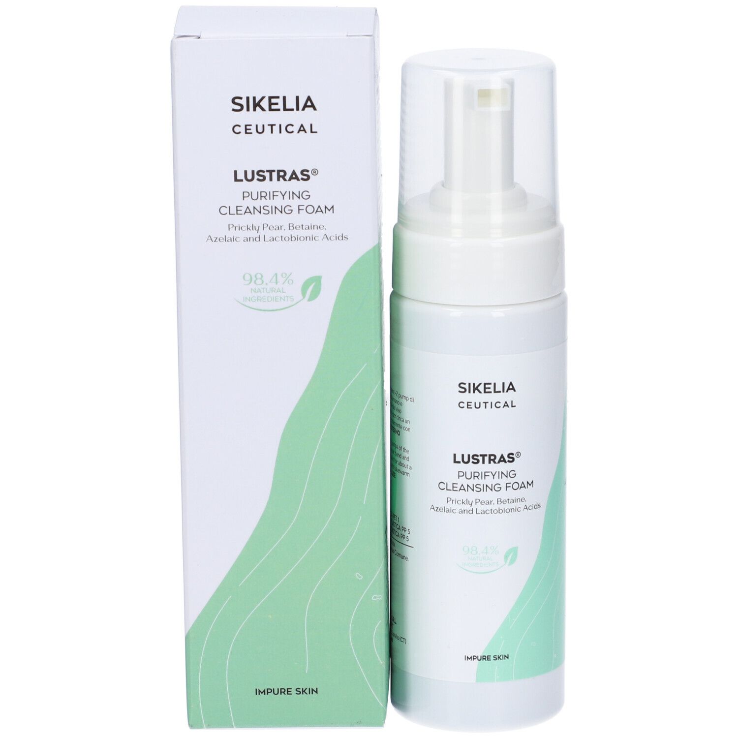 Flacone bianco con erogatore e scatola. Scritta: SIKEIA CEUTICAL, LUSTRAS Purifying Cleansing Foam.