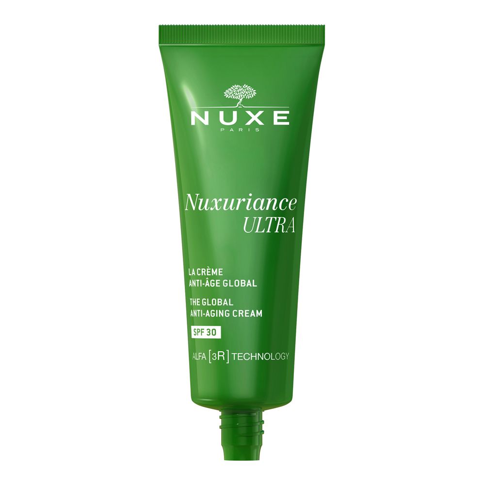 Tubo verde con stampa bianca. Nuxe Nuxuriance Ultra Crema Anti-Età Globale SPF 30.