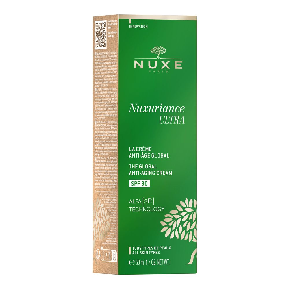 Confezione verde con stampa bianca. Nuxe Nuxuriance Ultra Crema Anti-Età Globale SPF 30.