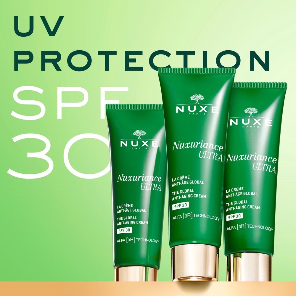 Tre tubi verdi. Nuxe Nuxuriance Ultra Crema Anti-Età Globale SPF 30. Protezione UV.