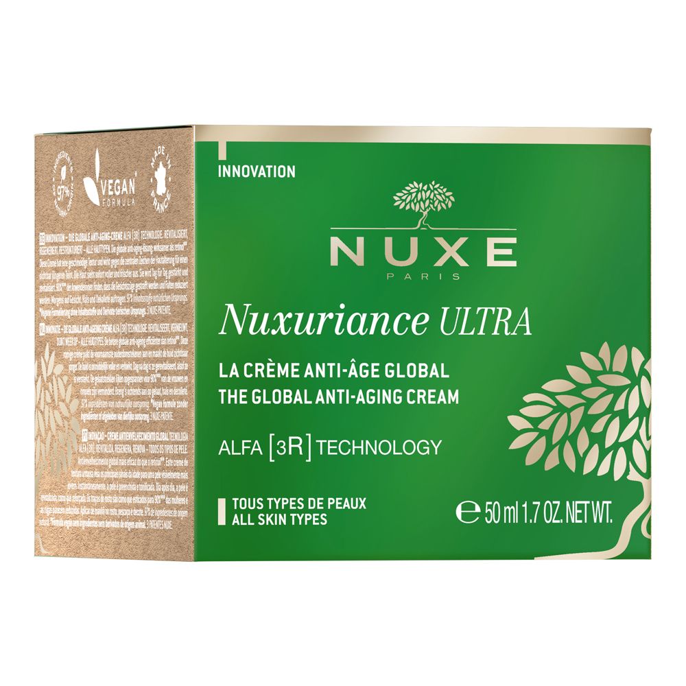 Confezione in cartone verde. Scritta: Nuxuriance Ultra, La Crème Anti-Âge Global. Logo albero. Sigillo vegano.
