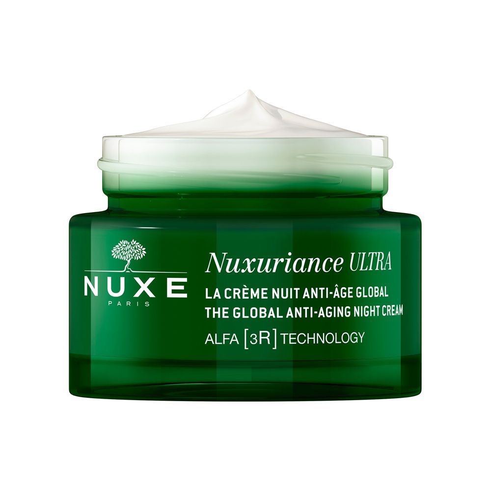 Vaso di crema verde con coperchio dorato. Crema visibile. Scritta: Nuxe, Nuxuriance Ultra, crema notte anti-età.