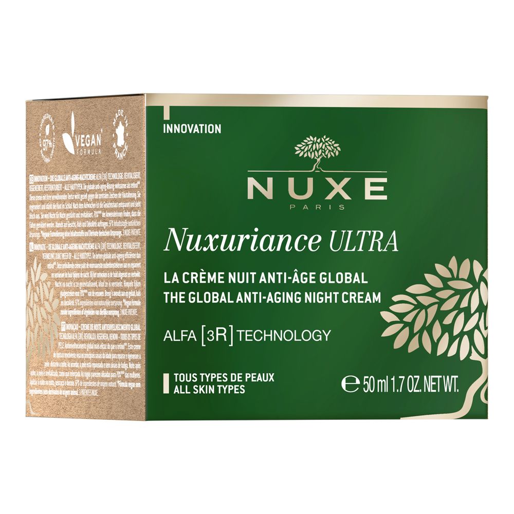Scatola verde con informazioni sul prodotto. Scritta: Nuxe, Nuxuriance Ultra, crema notte anti-età. Logo vegano.