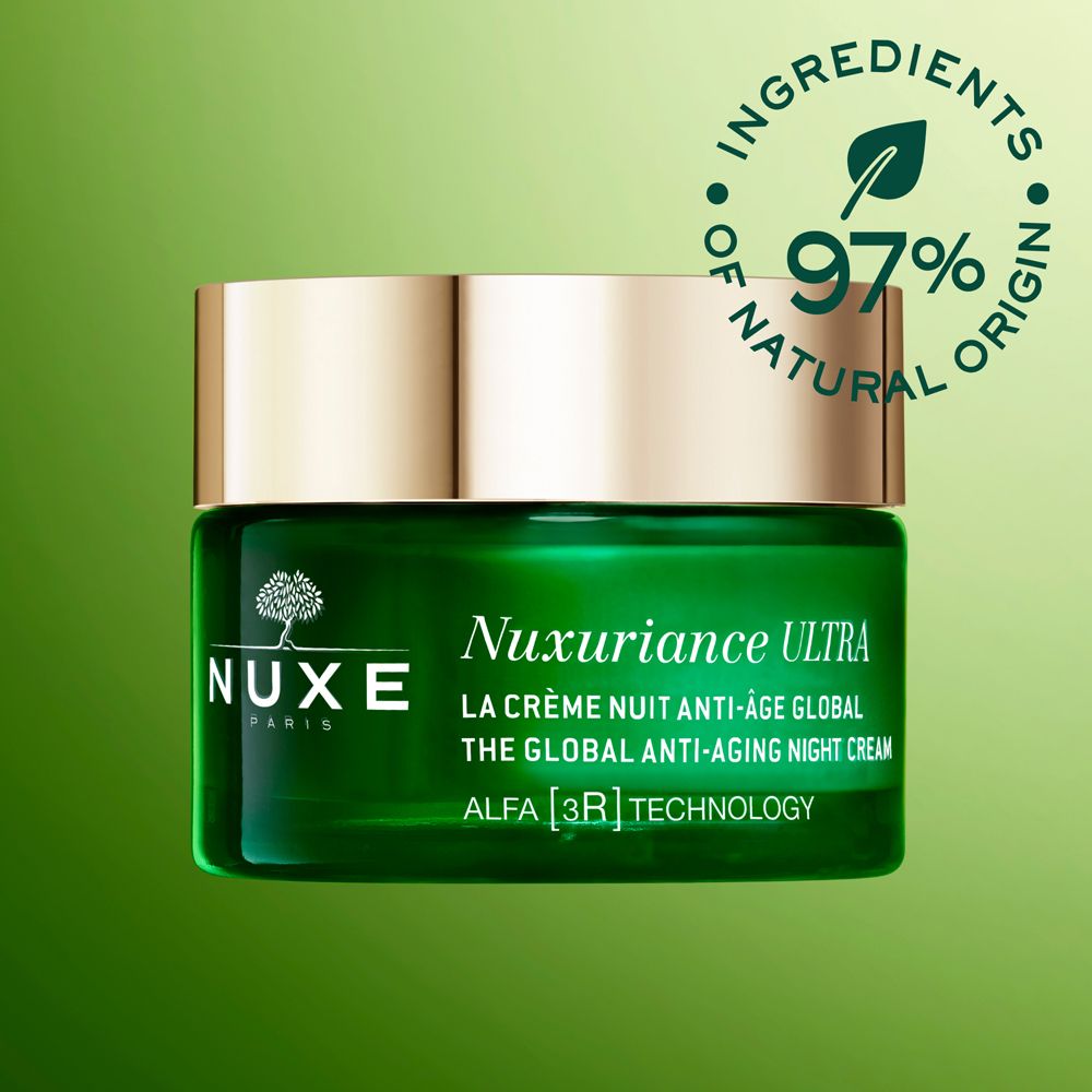 Retro del vaso di crema. Testo multilingue. Scritta: Nuxe, Nuxuriance Ultra, crema notte anti-età.