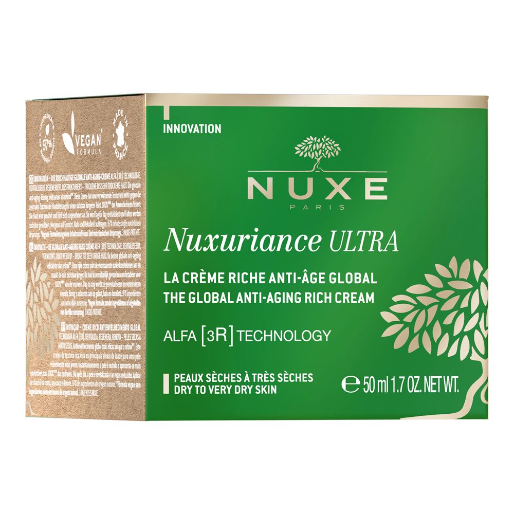 Scatola verde con crema. Scritta: Nuxe, Nuxuriance Ultra, crema anti-età. Logo vegano.