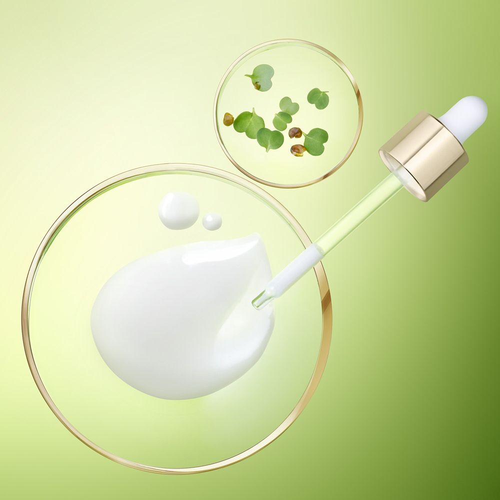 Goccia di siero e foglie verdi in piastre di Petri. Contagocce. Sfondo verde.