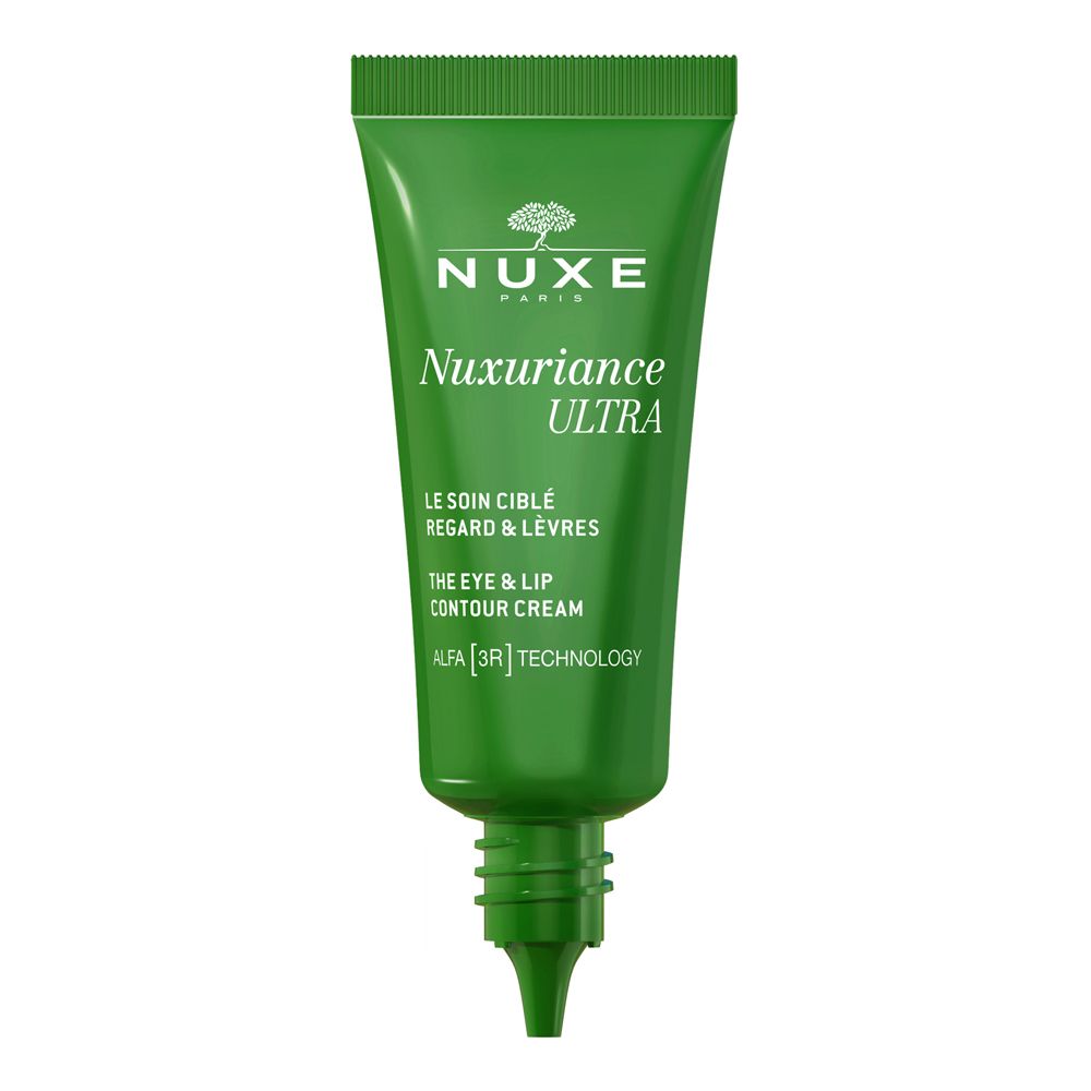 Tubo verde con applicatore a punta. Scritta: Nuxe, Nuxuriance Ultra, crema contorno occhi e labbra.
