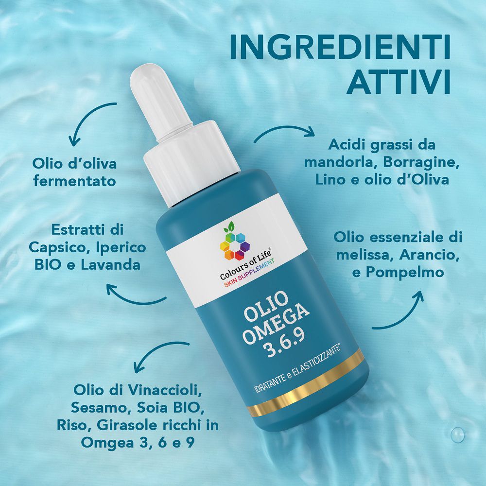 Olio Colours of Life Olio Omega 3.6.9: ingredienti come oli di mandorla, borragine, lino.
