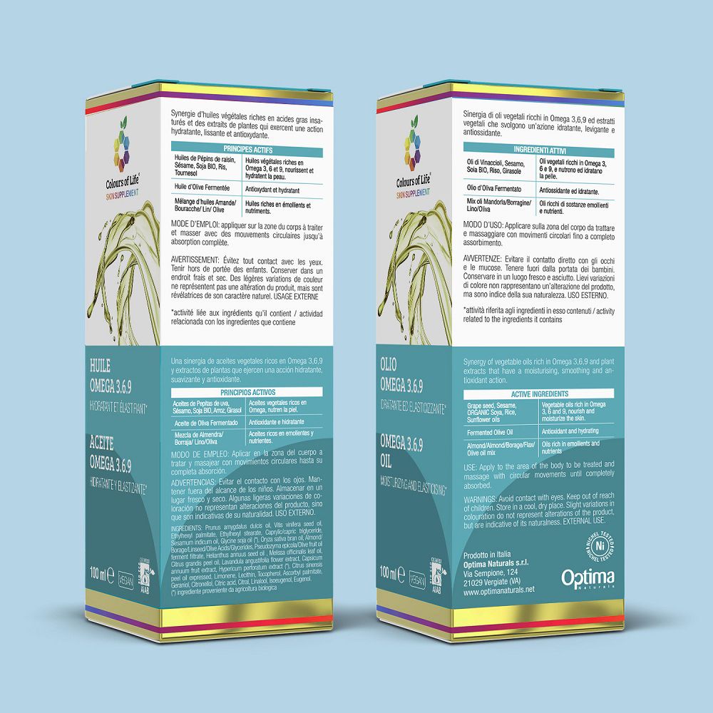 Olio Colours of Life Olio Omega 3.6.9: Flacone e scatola con informazioni sul prodotto.