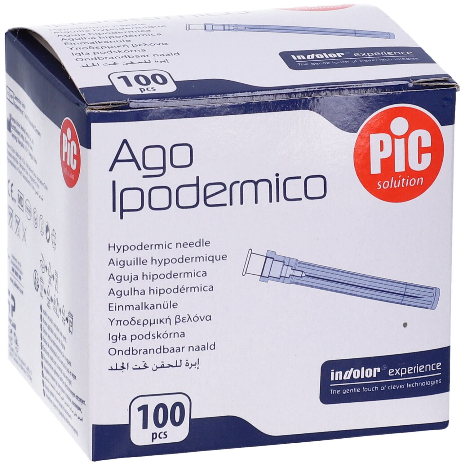Fronte della confezione 'Ago Ipodermico'. Logo 'PIC solution'. 100 pezzi. Ago blu visibile.
