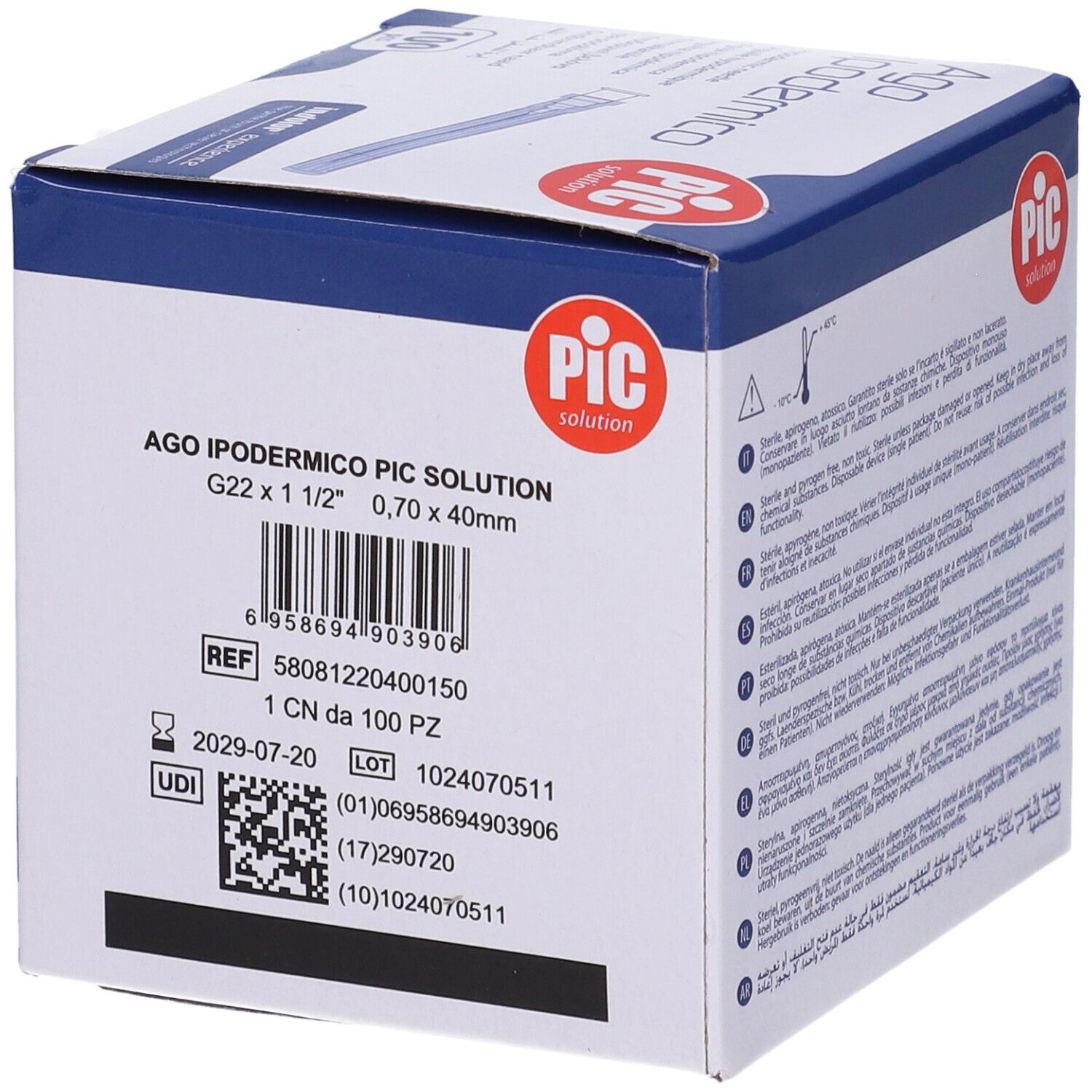 PIC Ago Ipodermico Monouso Gauge 22 1 1/2 - 100 Pezzi